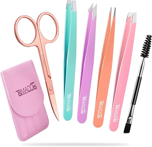 TsMADDTs 6 pcs Tweezers Set for Women, Eyebrow Tweezers with Curved Scissor for Ingrown Hair, Hair Plucking Daily Beauty Tools with Leather Travel Case