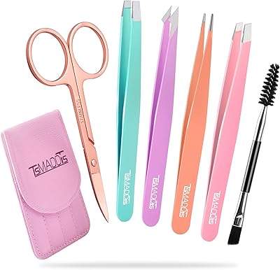 Eyebrow Tweezer Set, TsMADDTs 6 Pcs Tweezers Set for Women, Precision Tweezer for Eyebrows with Curved Scissors for Ingrow...