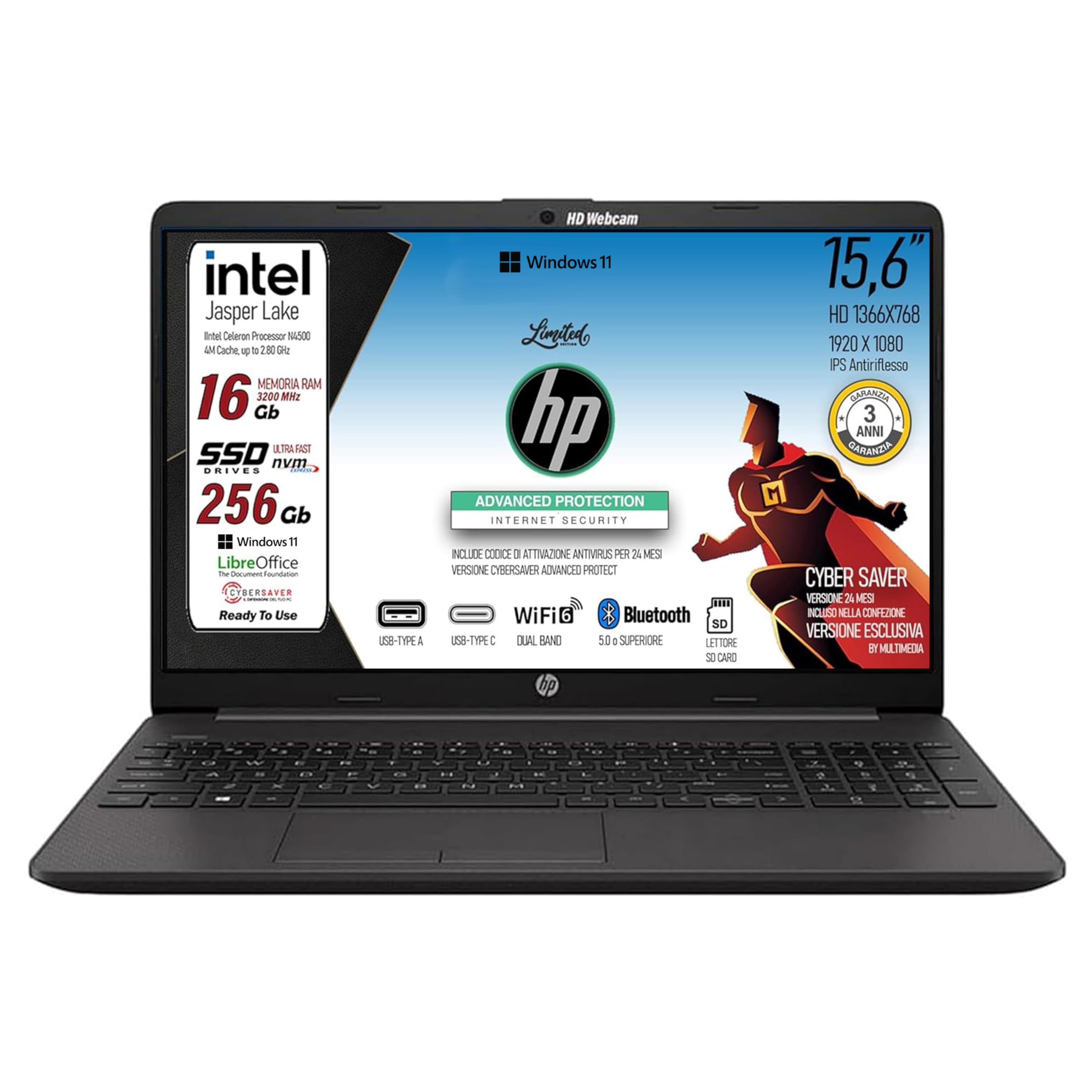 HP 250 G9 Computer portatile 39,6 cm (15.6") 1366 x 768 Pixel Intel N4500 16Gb DDR4-SDRAM 256Gb SSD Wi-Fi, Win 11, Libre Office preconfigurato 3 ANNI DI GARANZIA, include cybersaver 24 mesi