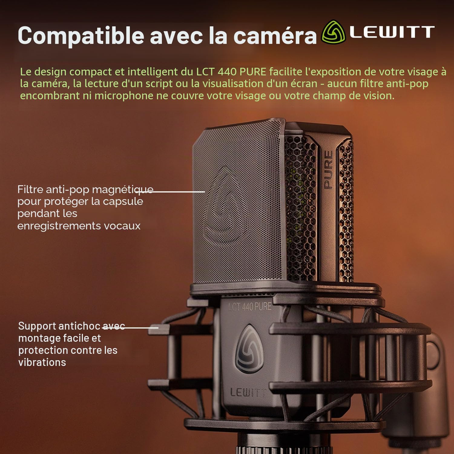 LCT 440 Pure Microphone à condensateur XLR pour Voix, Chant, Enregistrement d'instruments et Streaming - Capsule à condensateur véritable de 1" - avec araignée et Filtre Anti-Pop (Noir)