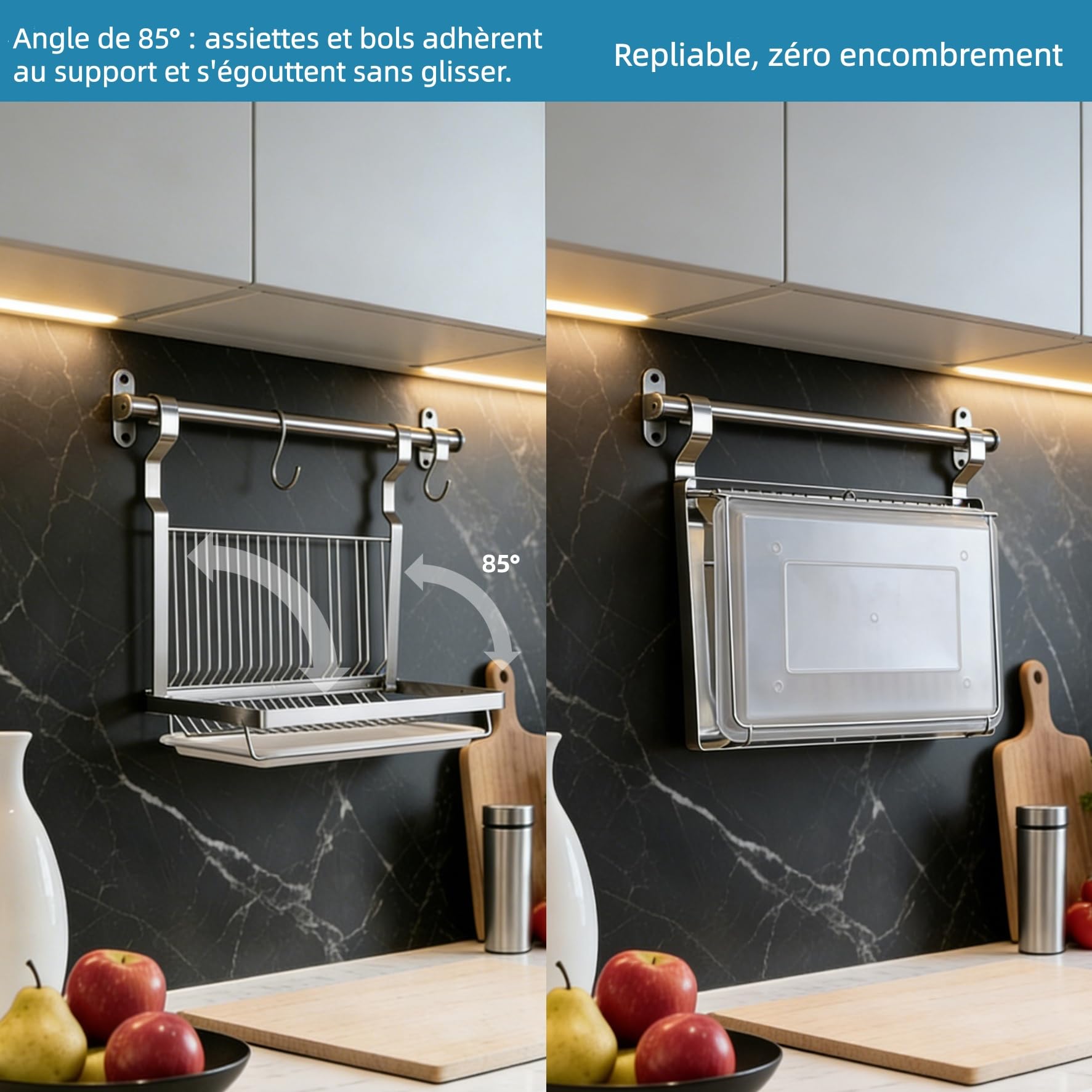 TentHome Scolapiatti Pensile Pieghevole Acciaio Inox 304, Scolapiatti da Parete con Vaschetta Raccogligocce Plastica, Porta Scola Piatti da Muro Salvaspazio