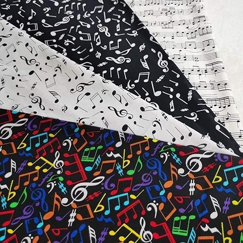 Miniatura 3 de Tela de algodón, diseño de notas musicales coloridas, puntaje musical, color negro y blanco, 4 piezas de 39.4 x 39.4 in