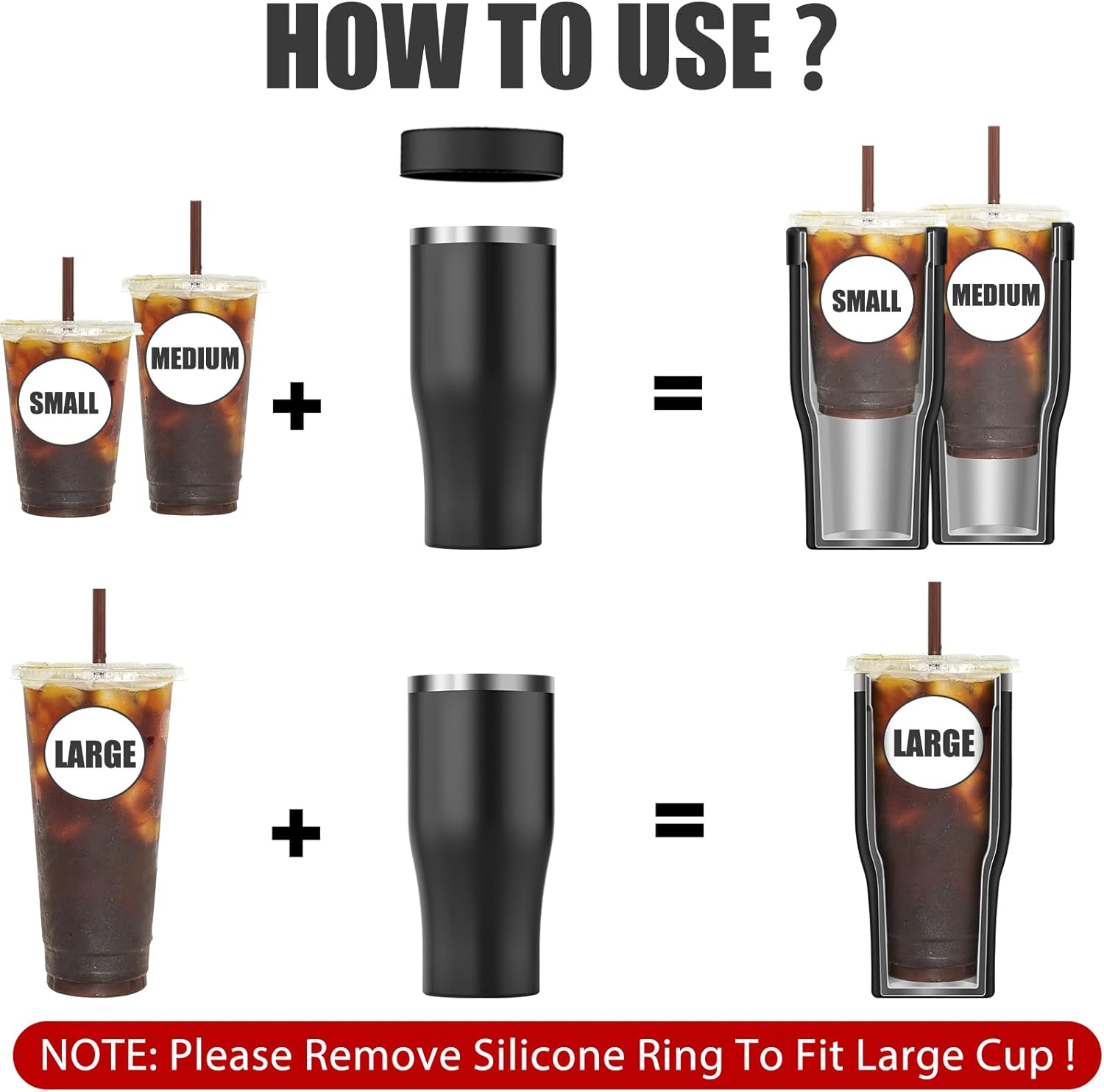 Universal Iced Coffee Sleeve - Niceyos Upgraded Double Wall Reusable Stainless Steel Holder Sleeves Insulator for Cold Drinks Fits Starbucks Dunkin Donuts McDonalds Small Medium Large Cups (Black) - Image 2