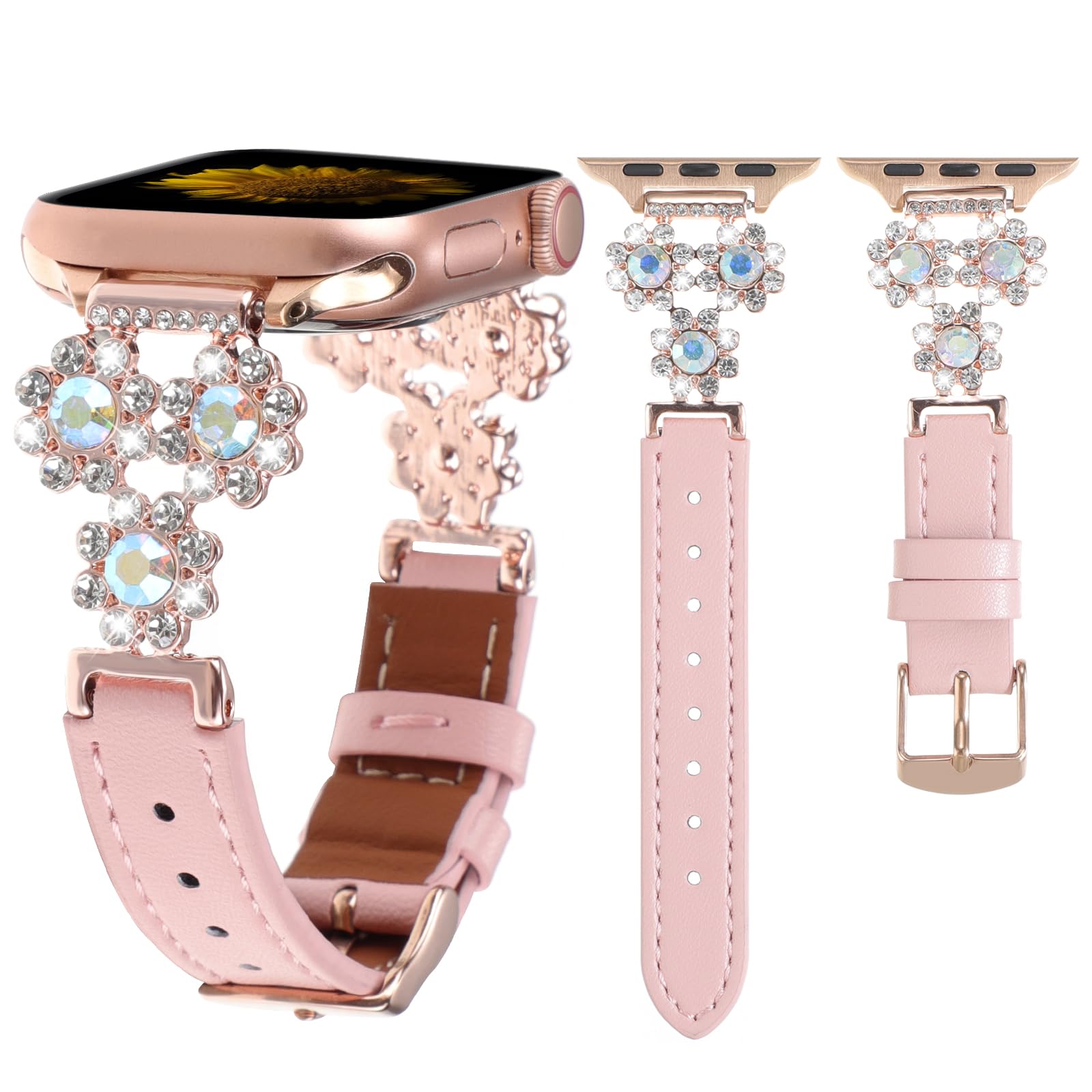 Dressy Leather Band Compatible with Apple Watch Bands Women 38/40/41/42/44/45/46/49mm Slim Sunflower Diamond Strap Adjustable Elegance Bracelet for