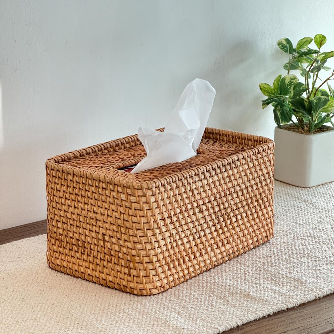 EDAMAME Large Rattan Tissue Box Holder, Handcrafted Wood & Wicker Tissue Dispenser for Office, Room, Bedroom, Desk, Dining Table | Premium Facial Napkin Holder | 200 Pulls (Natural)-image-41