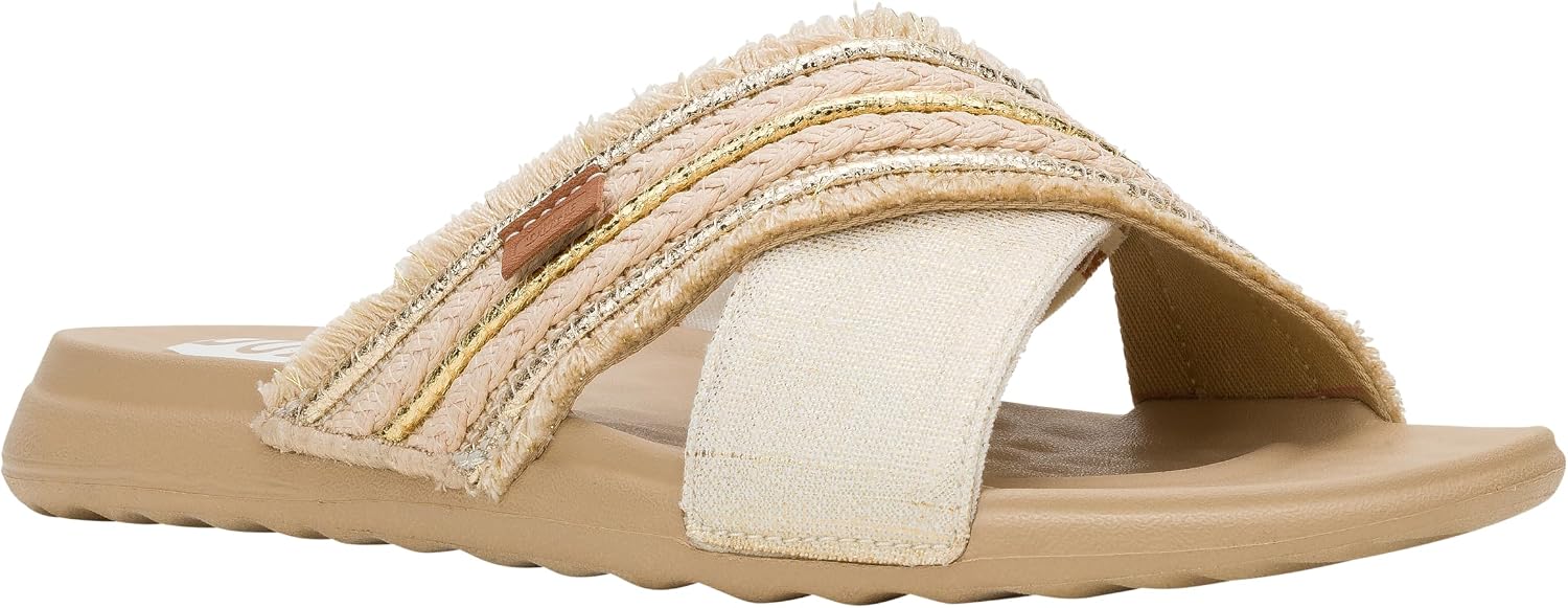 HEYDUDE Christi Slide Novelty Fringe Natural/Gold, Women’s Sandals, women's flip flops, Comfortable & Light-Weight
