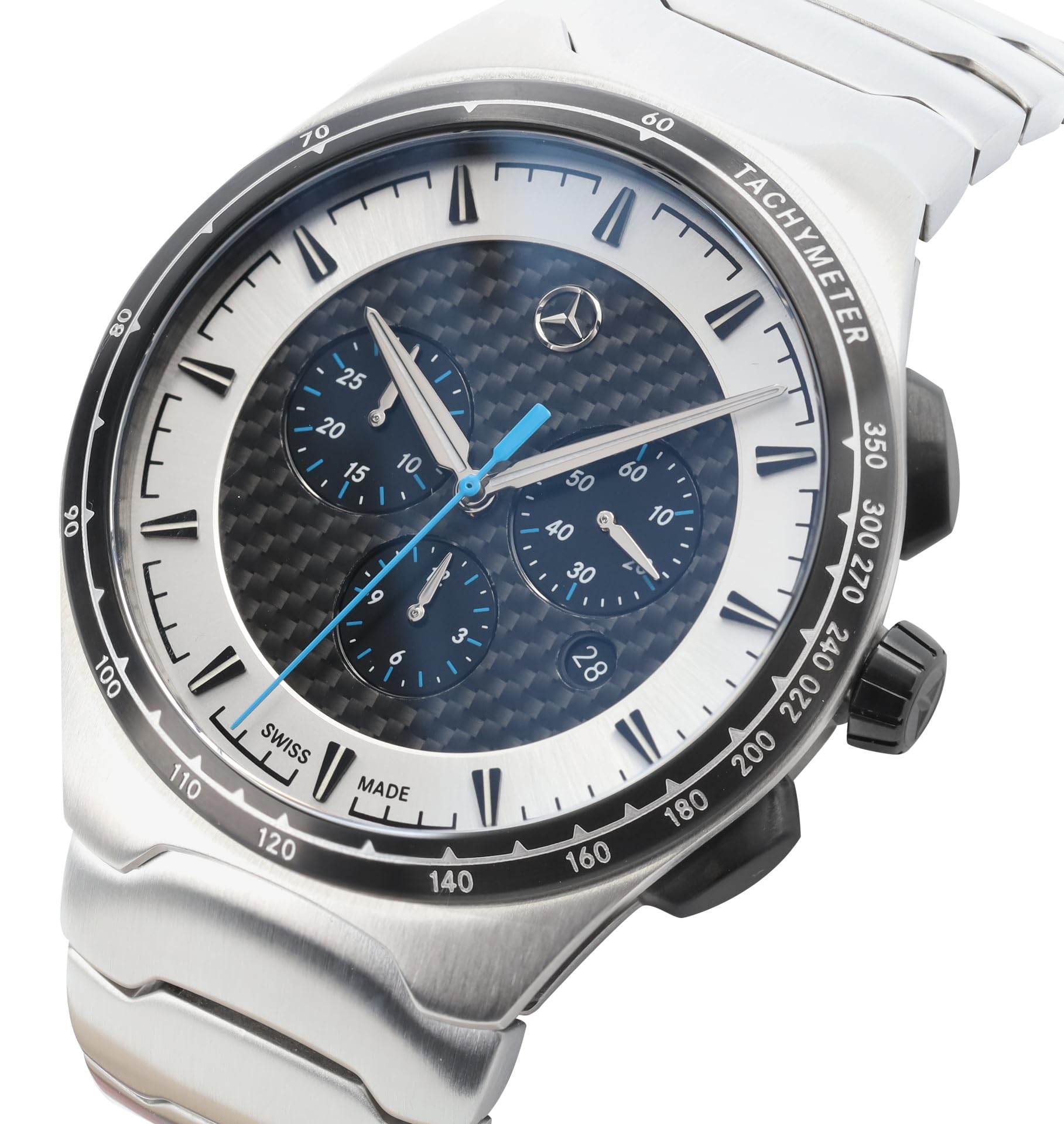 Mercedes-Benz Herren Chronograph, Motorsports Collection, Edelstahl/Carbon, Schweizer Quarzwerk, Wasserdicht 10 ATM, 44mm, Silber/Schwarz/Blau