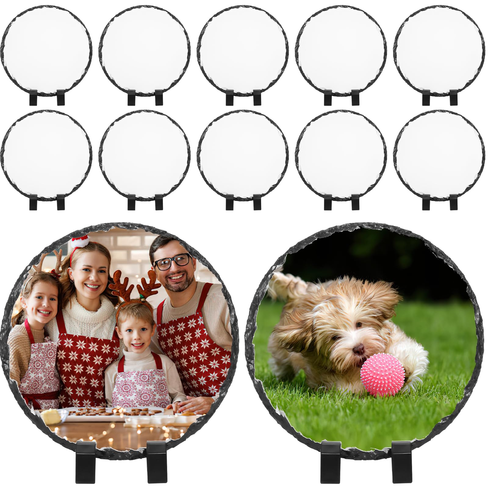 10 Stück Sublimationsschiefer Rohlinge 15 cm rund maßgefertigter Steinschiefer mit Display-Ständer Wärmeübertragung Sublimation Plaque Rock Foto Bilderrahmen für DIY Heat Press Machine Desktop