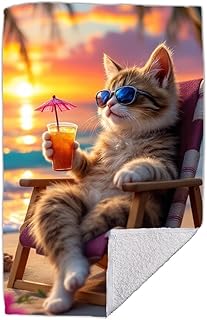 RPLUS Strandtuch 70 x 140 cm mit Katze-Motiv – Baumwolle, weich - Badetuch Personalisiert mit Name (optional ohne Name)