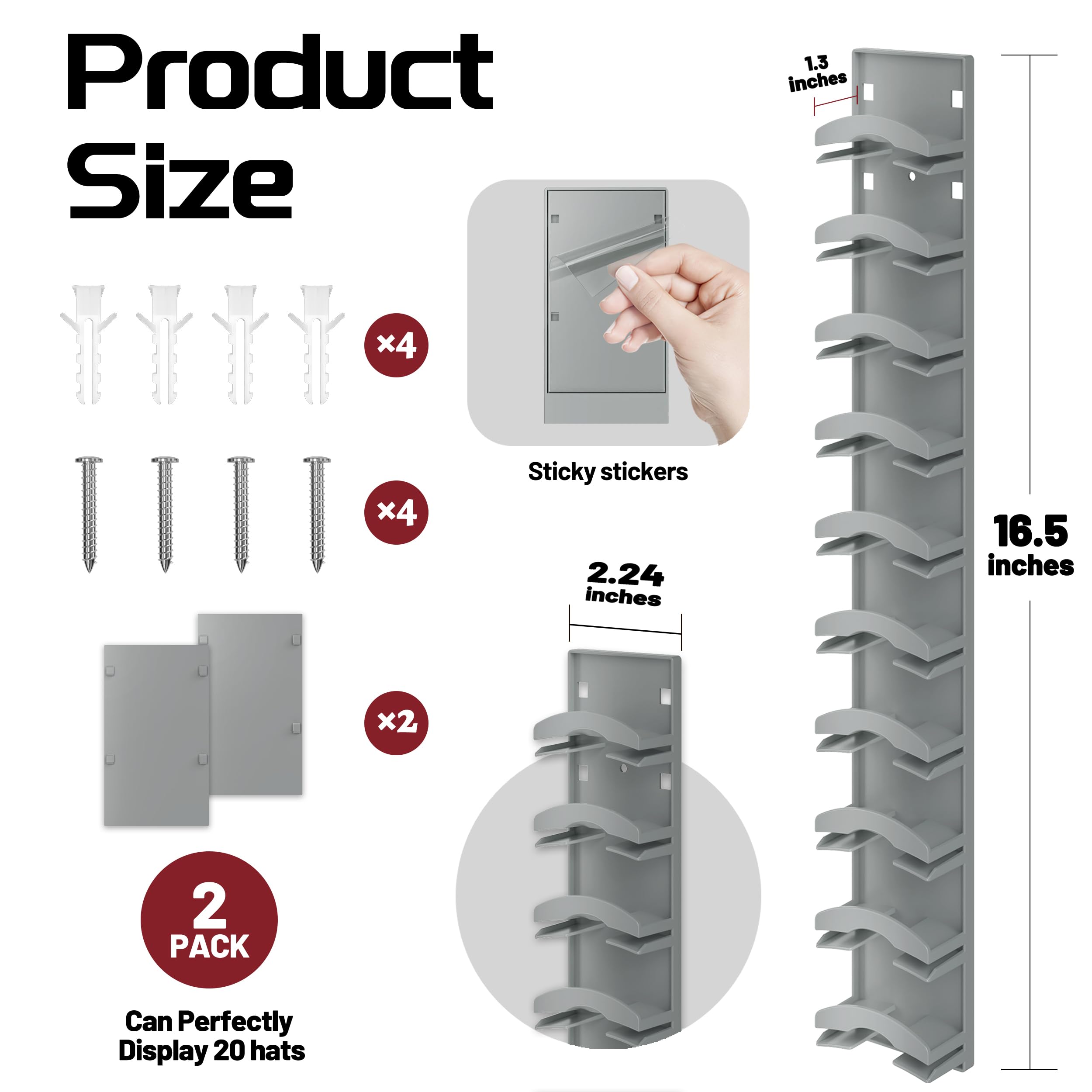 Organizador de sombreros con capacidad para hasta 20 sombreros, paquete de 2 soportes para sombreros para pared con adhesivo fuerte, organizador de sombreros para gorras de béisbol para puerta de