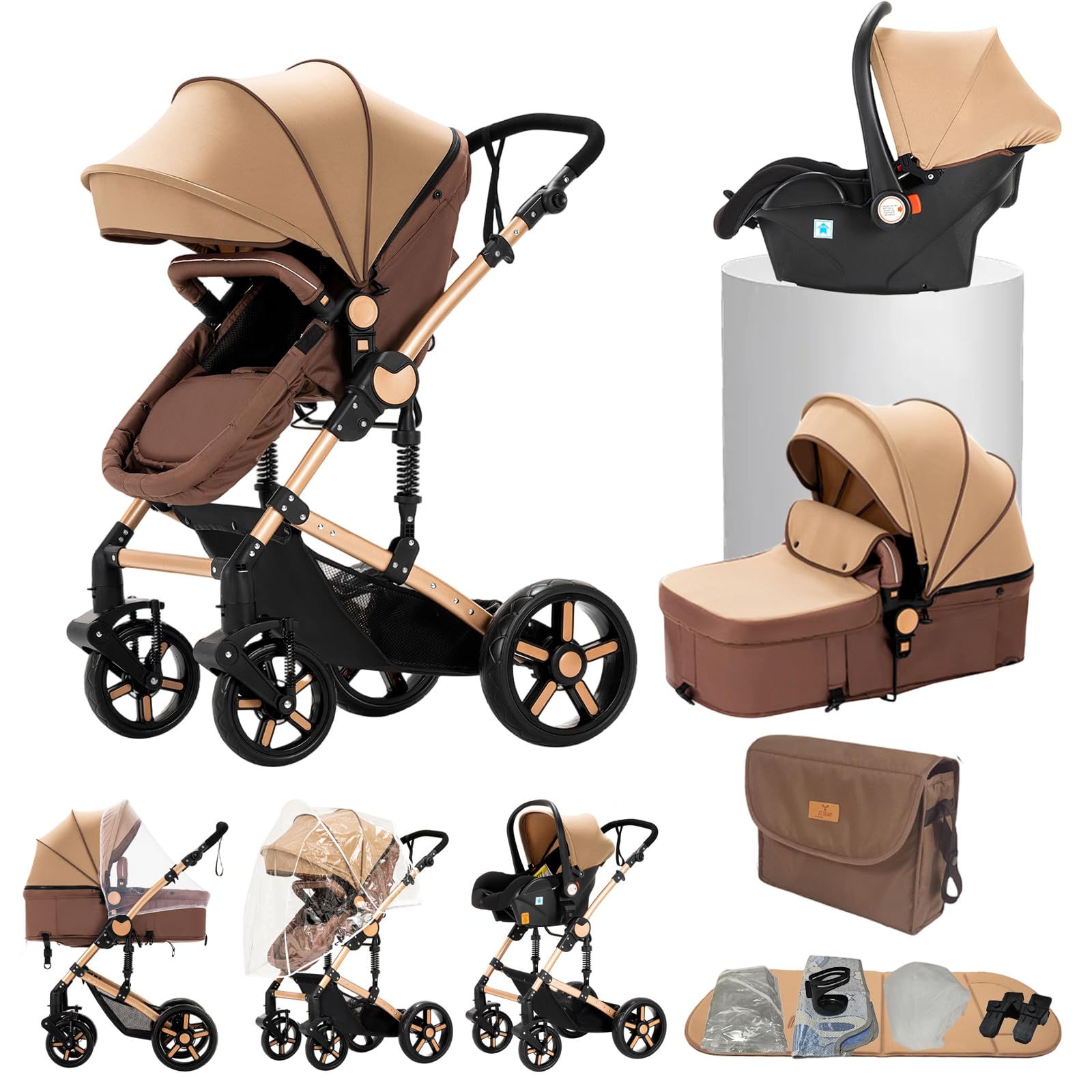 Passeggino trio, Passeggino 3 in 1, Navicella neonato, Sistema da viaggio e seggiolino auto, per neonati bambini 0-36 mesi (Kaki)