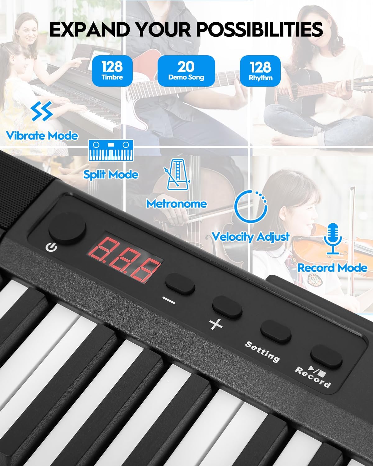 Control panel showing buttons for Vibrate, Split, Metronome, Velocity Adjust, and Record Mode