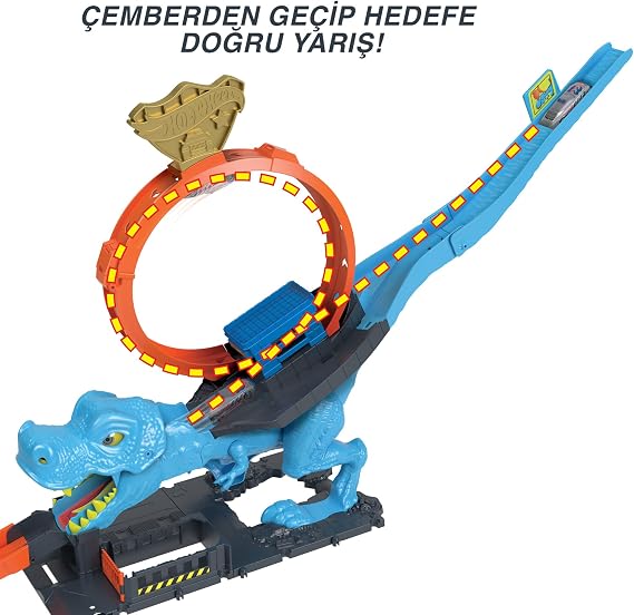 Hot Wheels Dinozor ile Mücadele™ Oyun Seti 1 adet oyuncak araba içeren Hot Wheels™ şehri pist seti, T-Rex akrobasi ve yarış çemberli oyun seti HKX42
