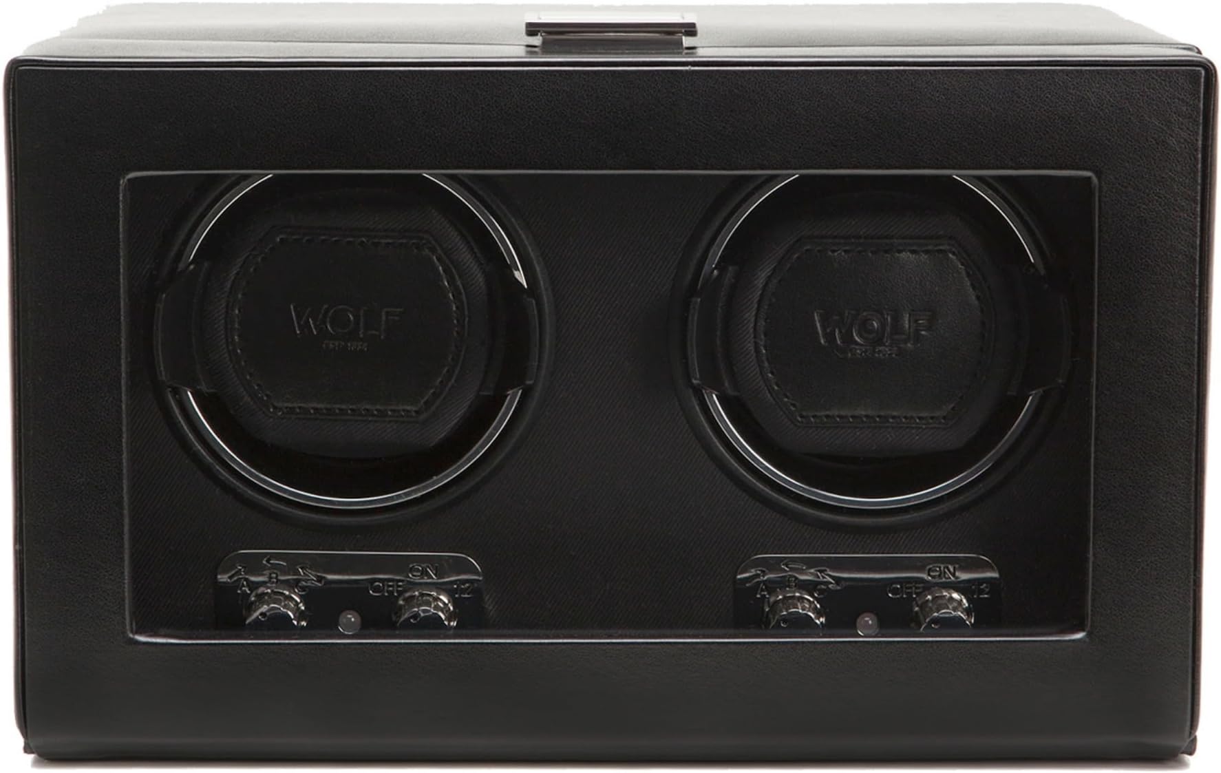 WOLF Heritage Double Winder with Glass Cover, Black - Secure Fit with Patented Dynamic Lock-In Cuff - For Bigger, Heavier Watches - Vegan Leather - Includes Universal Adapter