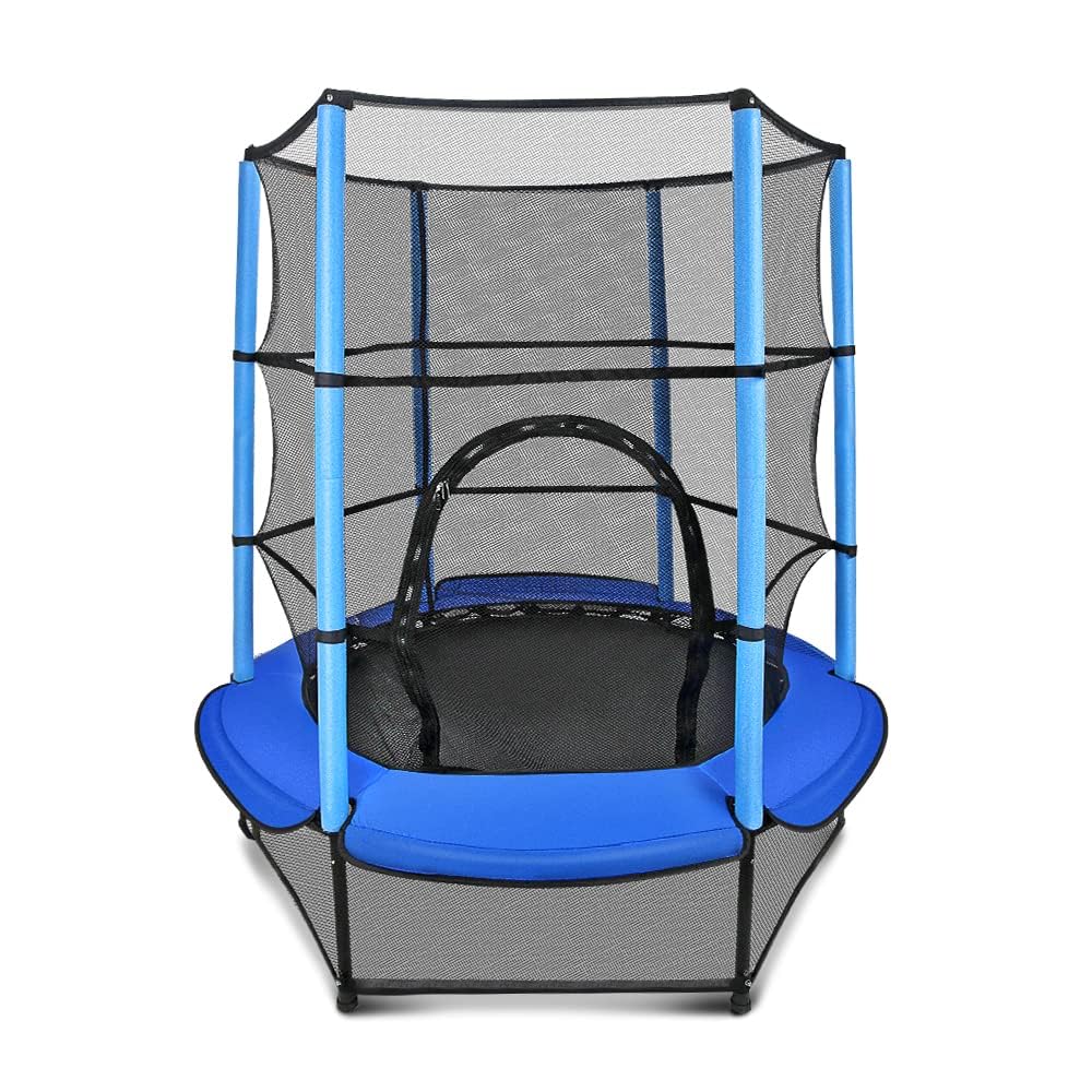 55'' Kids Trampoline Large Free-Noise Trampoline for Kids Foldable Fitness Bouncer with Safety Enclosure Net and Pad Bulit-in Zipper Frame Cover Jumping Training Indoor Outdoor Activities,Blue
