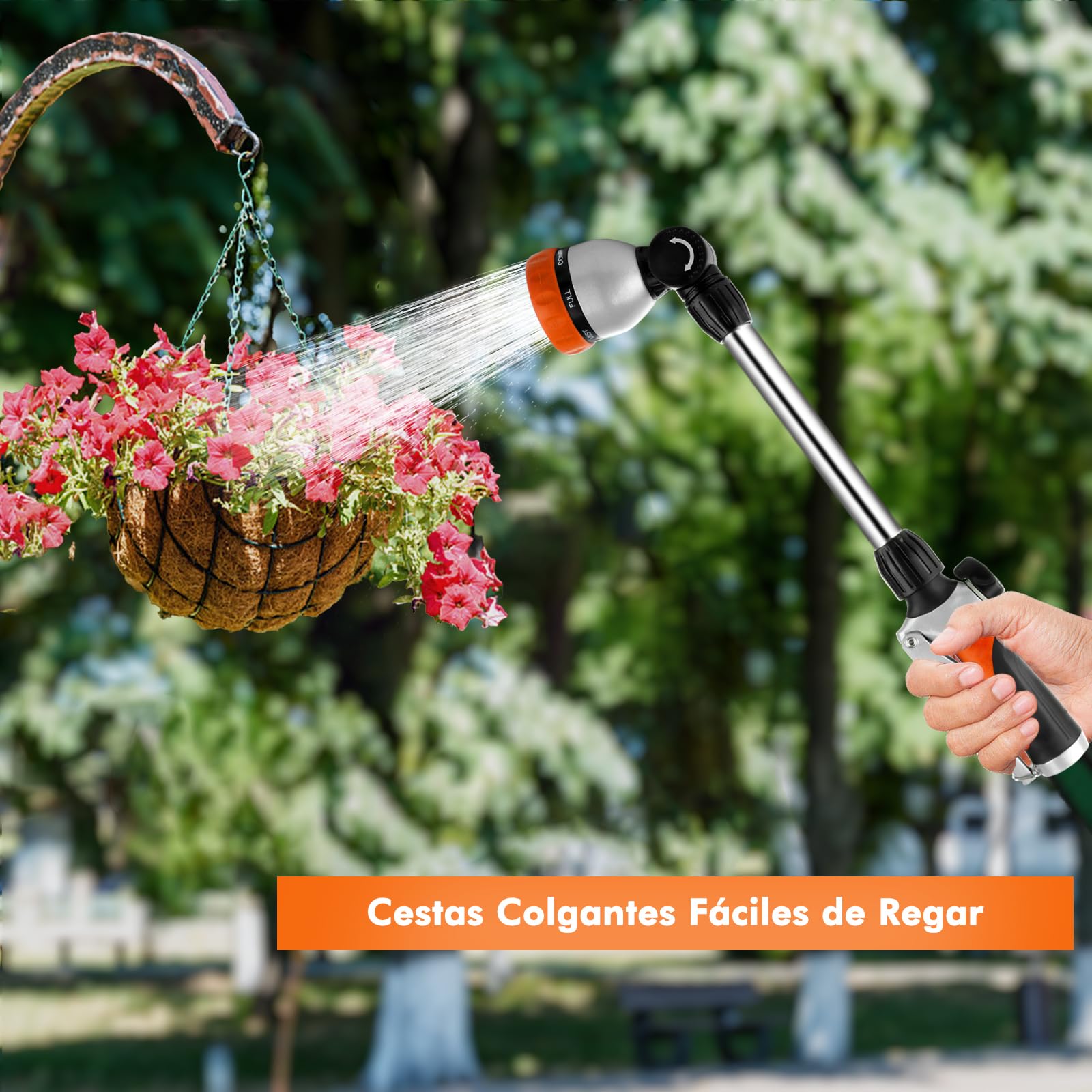 RESTMO 42 cm Largo Pistola de Riego de Metal, Lanza de Riego para Jardín, 7 Modos de Pulverización Ajustable, Ideal para Macetas Colgantes y Arbustos, Naranja