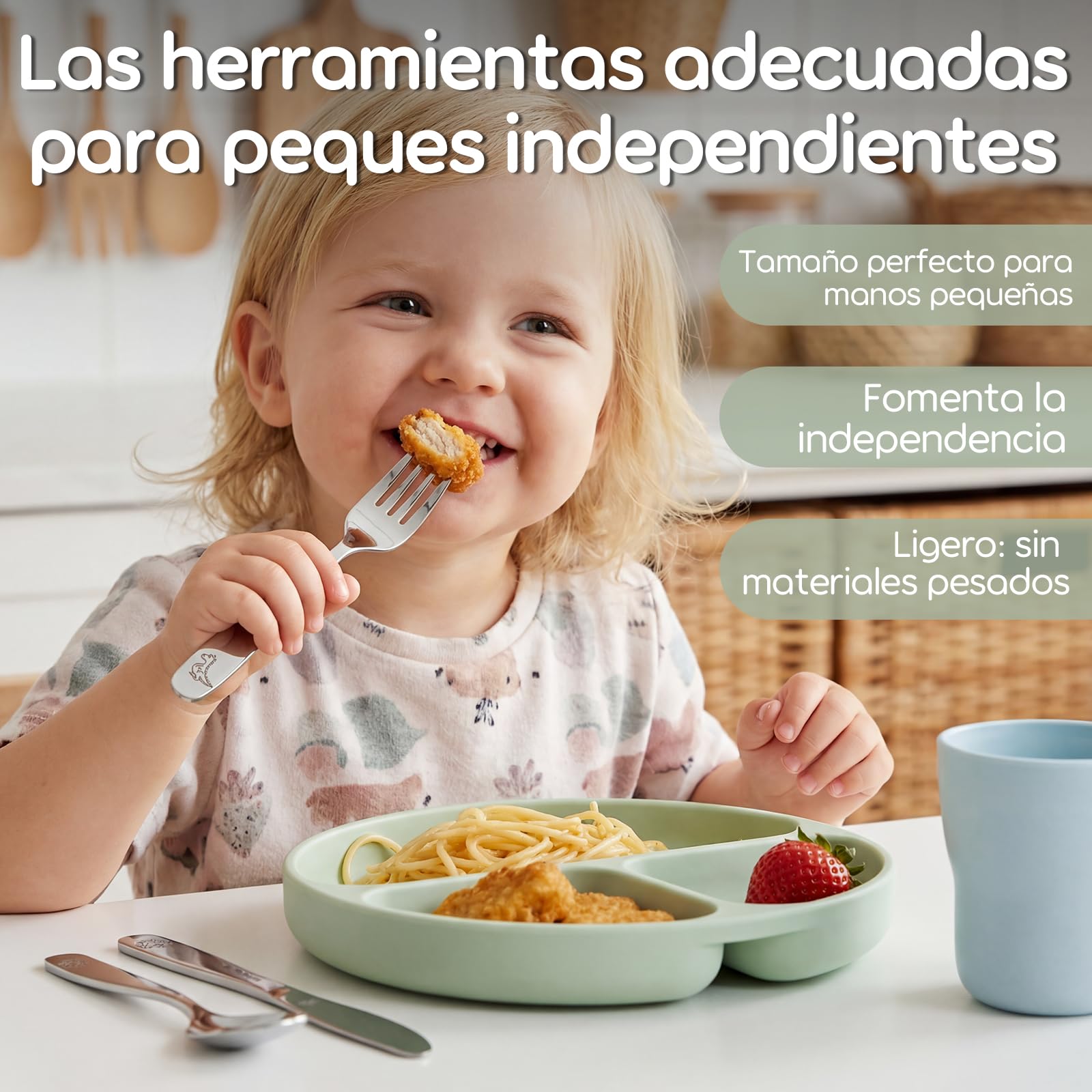 Lehoo Castle Cubiertos Infantiles de Acero Inoxidable, Set 6 Piezas Cubiertos Bebe Dinosaurios, 2 x Tenedores, 2 x Cucharas, 2 x Cuchillos, Vajilla Bebé y Niños