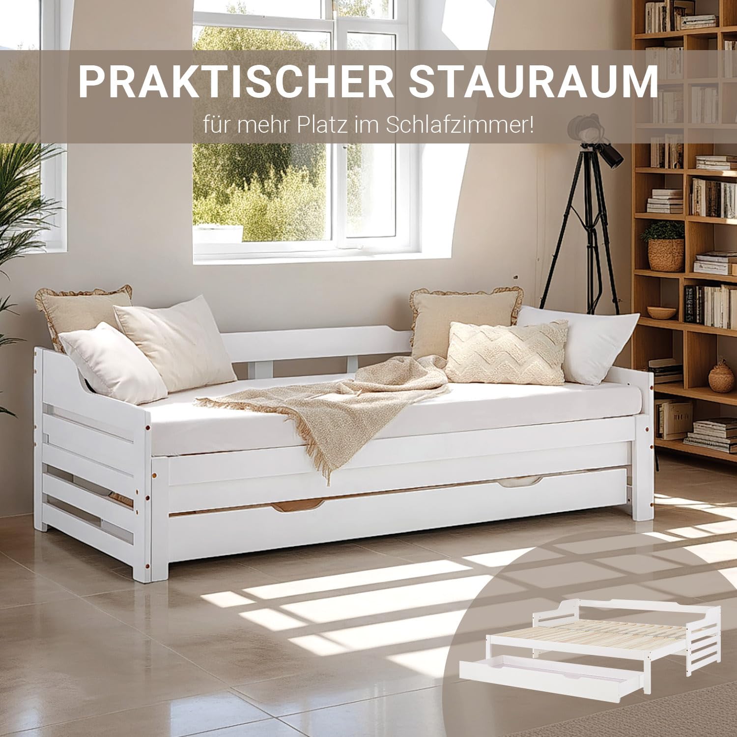 Homestyle4u Kinderbett 90x200 Ausziehbar - Holzbett Weiss mit Schublade | Massives Kiefernholz Tagesbett, Ausziehbett auf 180x200 Doppelbett, inklusive Lattenrost & Stauraum Funktionsbett