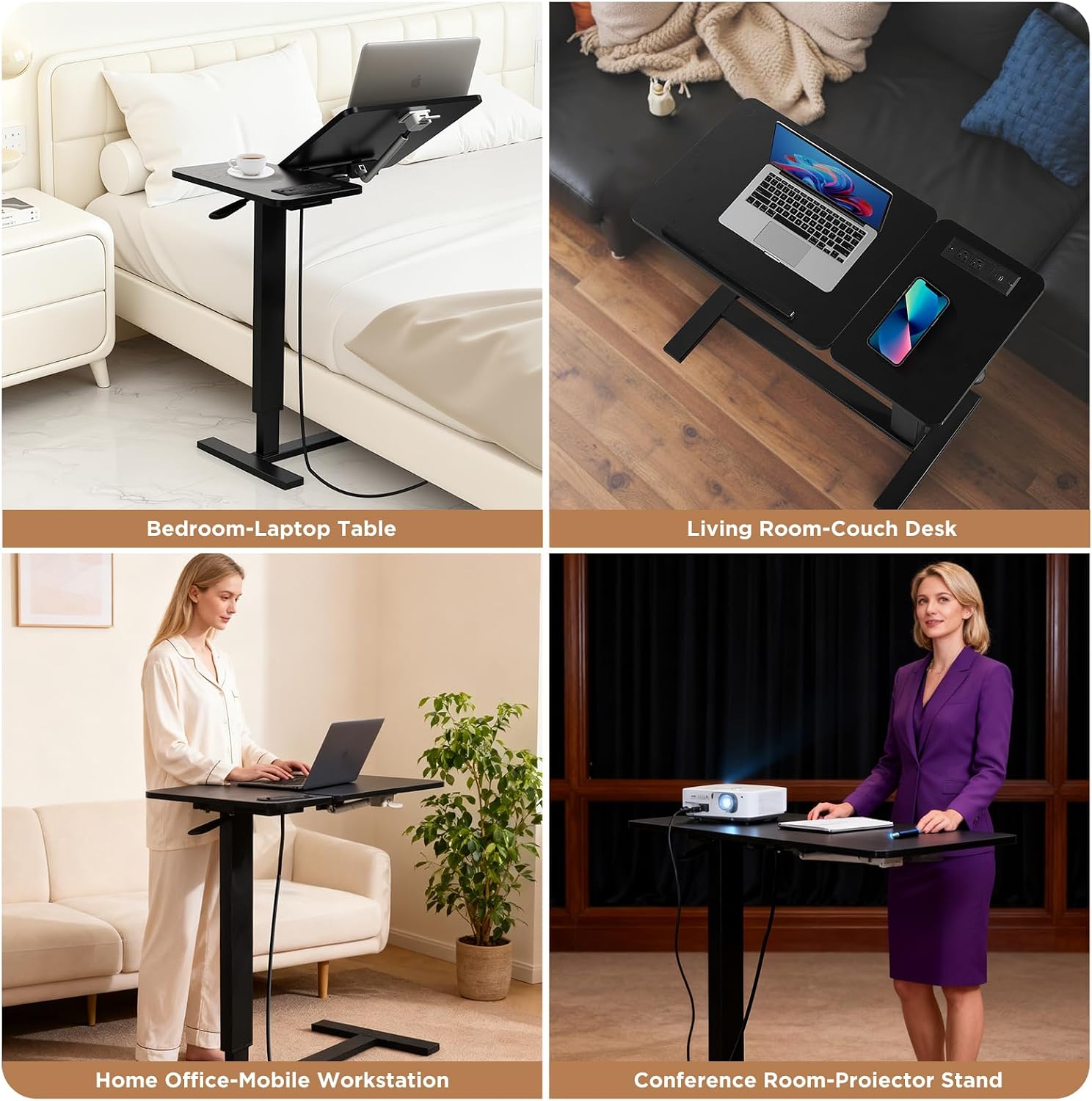 Black Overbed Bedside Table with USB Ports and Outlets for Bedroom, Adjustable Recliner Table with Desktop Strip and Wheels, Small Standing Desk Pneumatic for Home Office