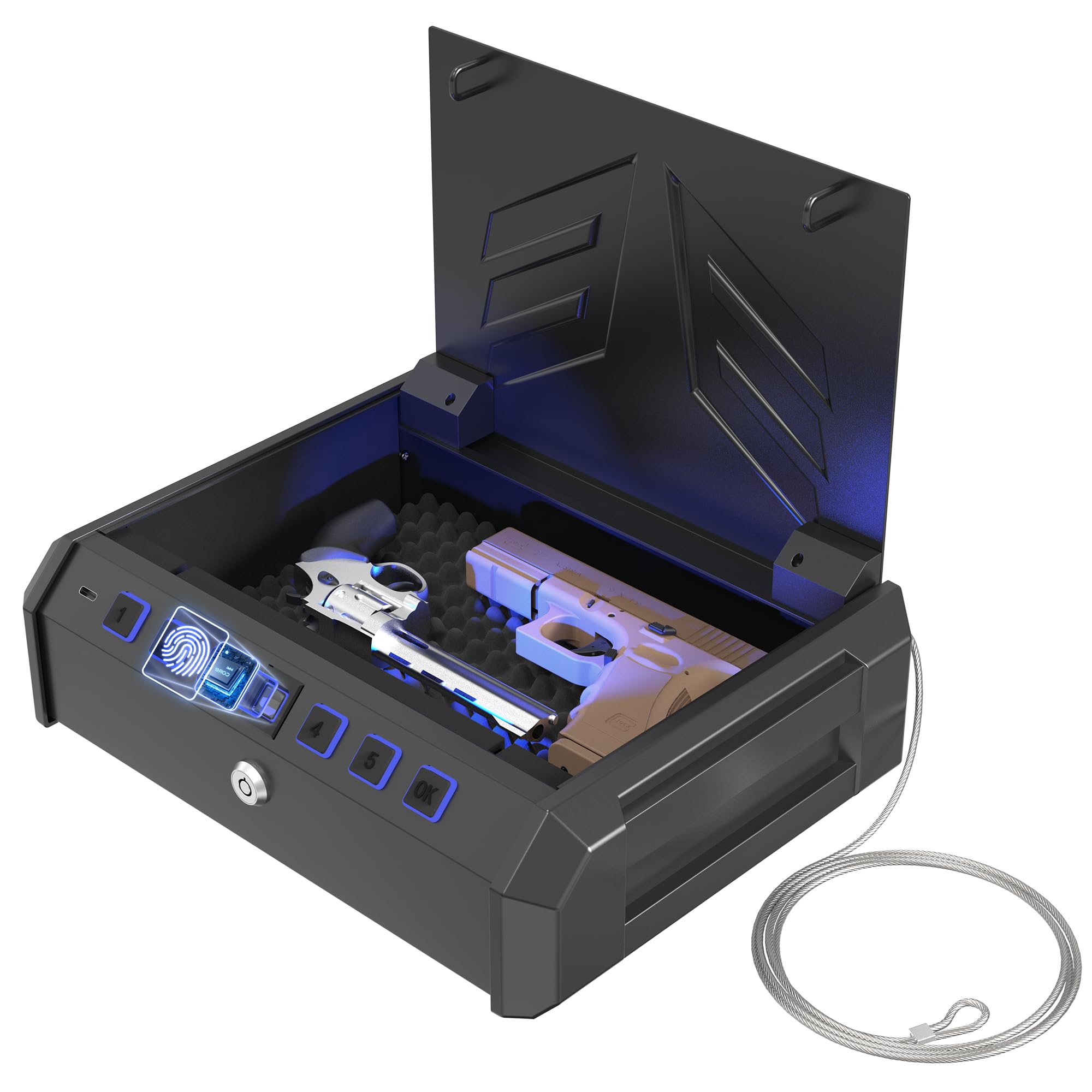 Gun Safe for Home, All Metal Firearm Safety Device for Handgun, Quick-Access Pistol Safe Device with Fingerprint Lock and Key Pad, Perfect for Valuables on Nightstand, Bedside or Car