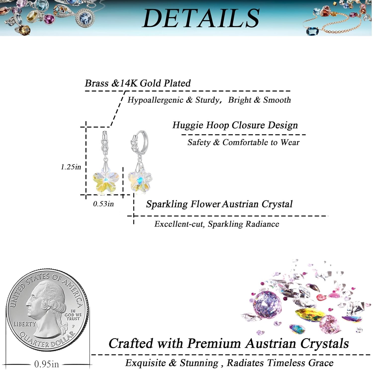 EVEVIC Trendy Austrian Crystal Flower Drop Leverback Earrings for Women 14k White Gold Plated Huggie Earring Hypoallergenic Jewelry Gift - Image 5