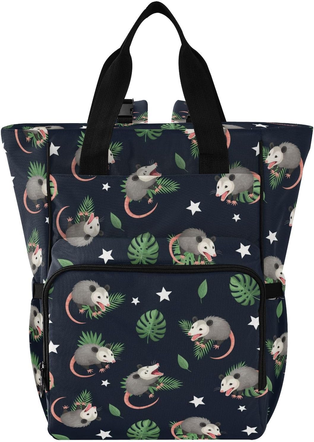 Emelivor Opossum Leaves Black Diaper Bag Backpack Insulated Pockets Organizer Bag Diaper Backpack for Boy Girl Mama Travel Mom Dad