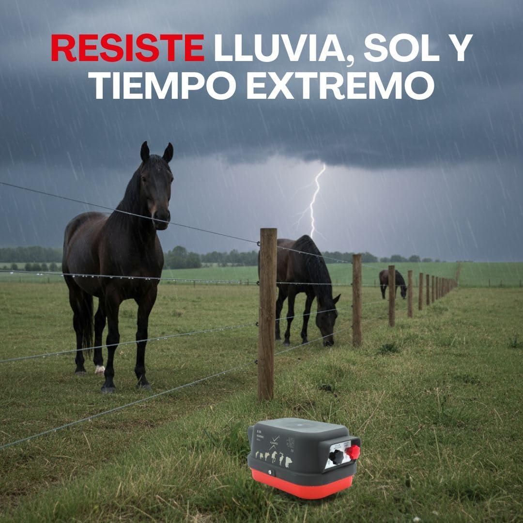 Pastor eléctrico Llampec Mod.RH con batería recargable 12V – 1,6 J, 9.500 V y 10 km de alcance – Especial para caballos y uso en competiciones Raid Horse – Fabricado en España