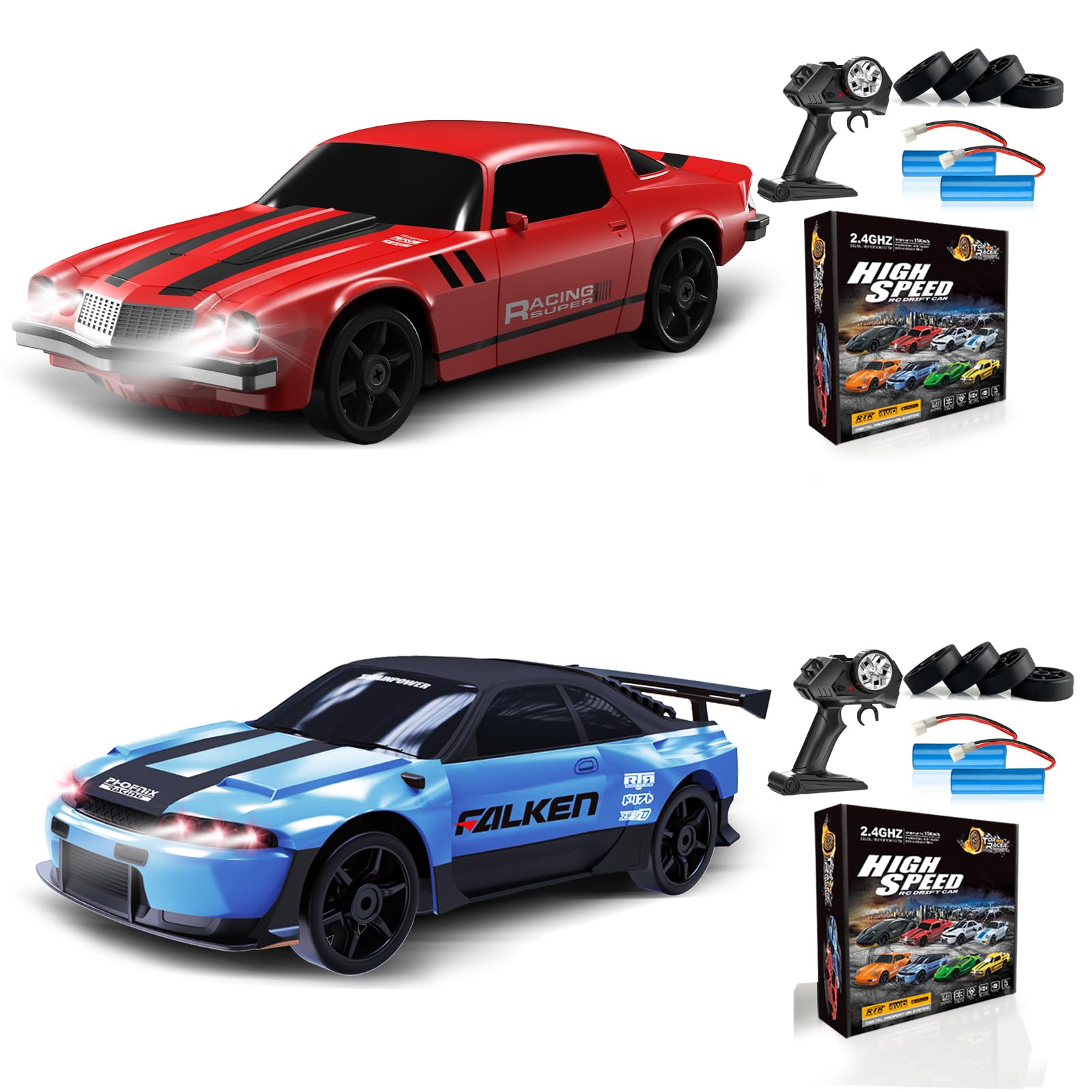 2PCS Remote Control Car RC Drift Car 2.4GHz 1:24 4WD 15KM/H High Speed Racing Sport Car with LED Lights Drifting Tire Racing Sport Toy for Adults Boys Girls Kids Gift 2Pcs Rechargeable Batteries