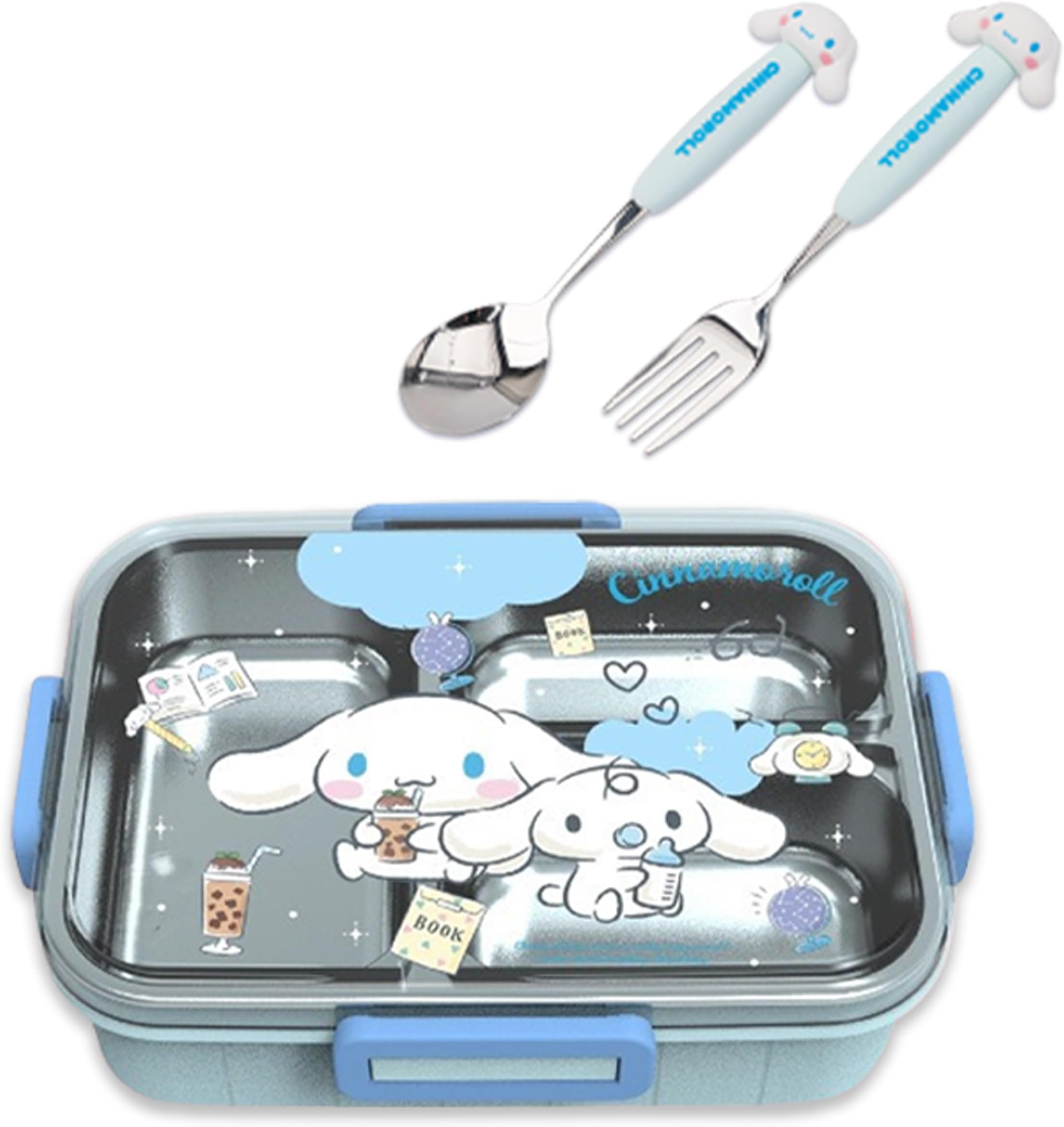 Roffatide Cartoon Cute Cinnamoroll Printed All-in-One Bento Boxes with Spoon Fork Kawaii 4-Point Lock Type Lunch Box Containers for Food Fruit Snack
