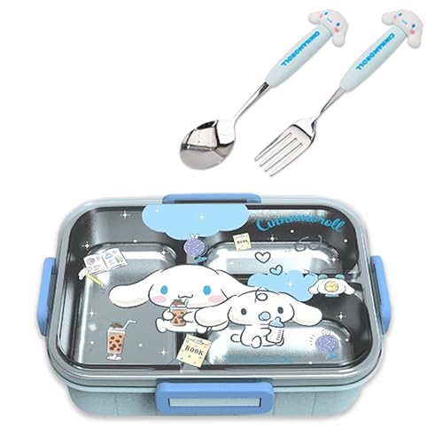 Roffatide Cartoon Cute Cinnamoroll Printed All-in-One Bento Boxes with Spoon Fork Kawaii 4-Point Lock Type Lunch Box Containers for Food Fruit Snack - Cinnamorol(spoon+fork)