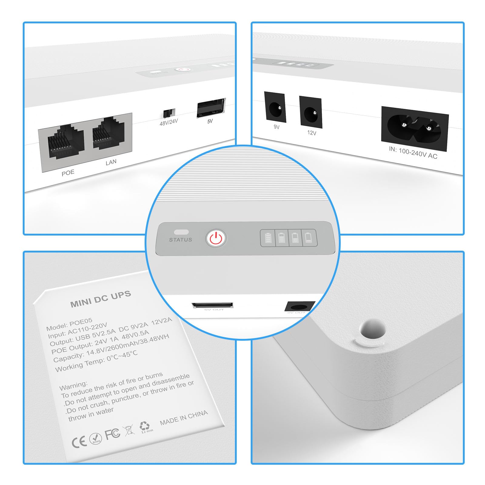 Mini ups 12v Alimentation sans Coupure, 10400mah Batterie de Secours Banque de Puissance Alimentation sans Interruption pour routeur caméra Alarme, Sortie 5V USB 9V/12V DC 24V/48V Gigabit POE