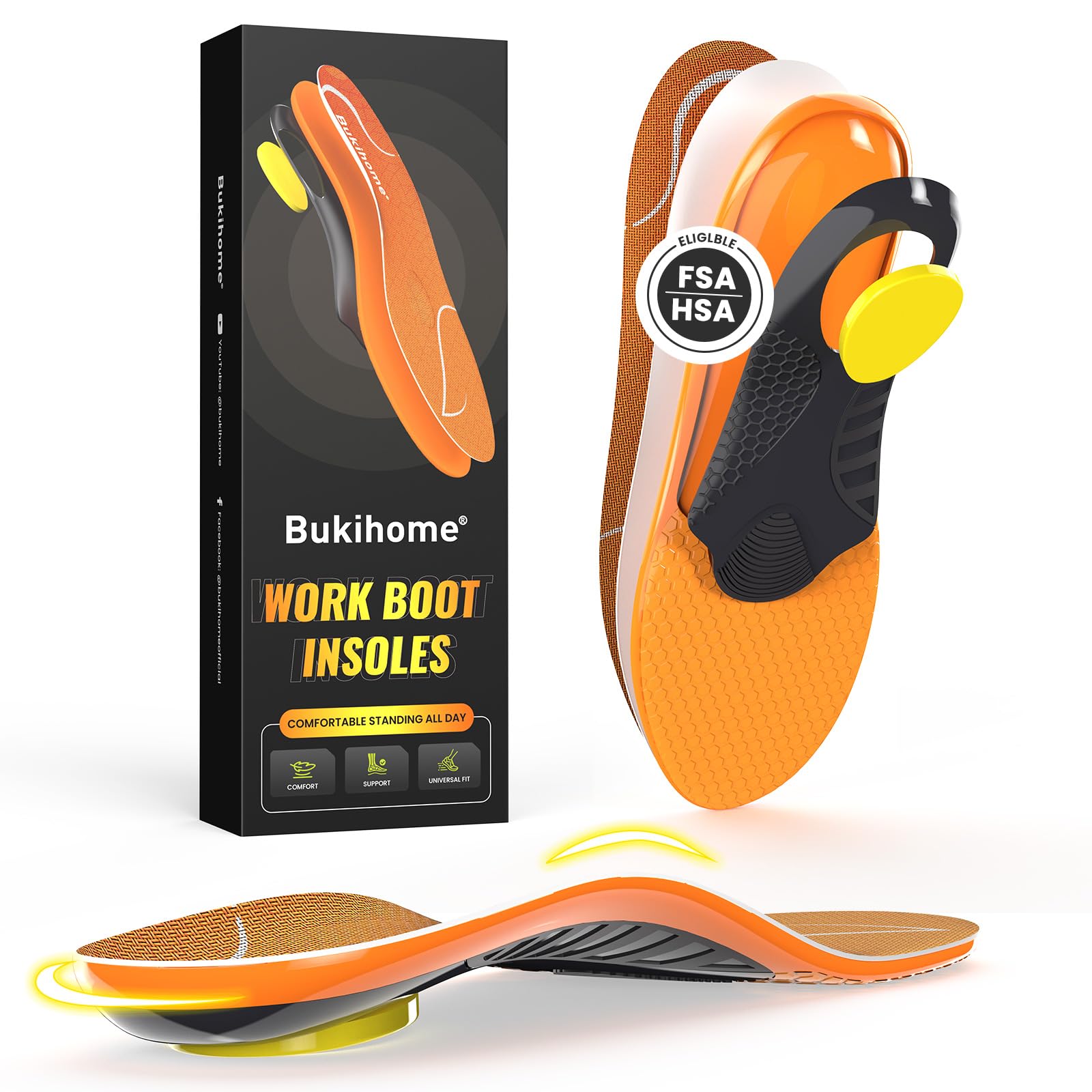 Bukihome Plantillas para botas de trabajo para construcción y estar de pie todo el día, plantillas ortopédicas resistentes con absorción de impactos, soporte de arco y reducción de fatiga, soporte