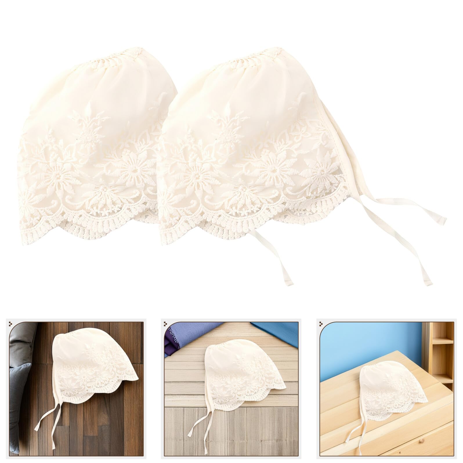 Ciieeo Lot de 2 Bonnets Bébé Fille en Dentelle Beige, Doux Peau Fermeture Sécurisée, pour Baptêmes et Séances Photo D'été