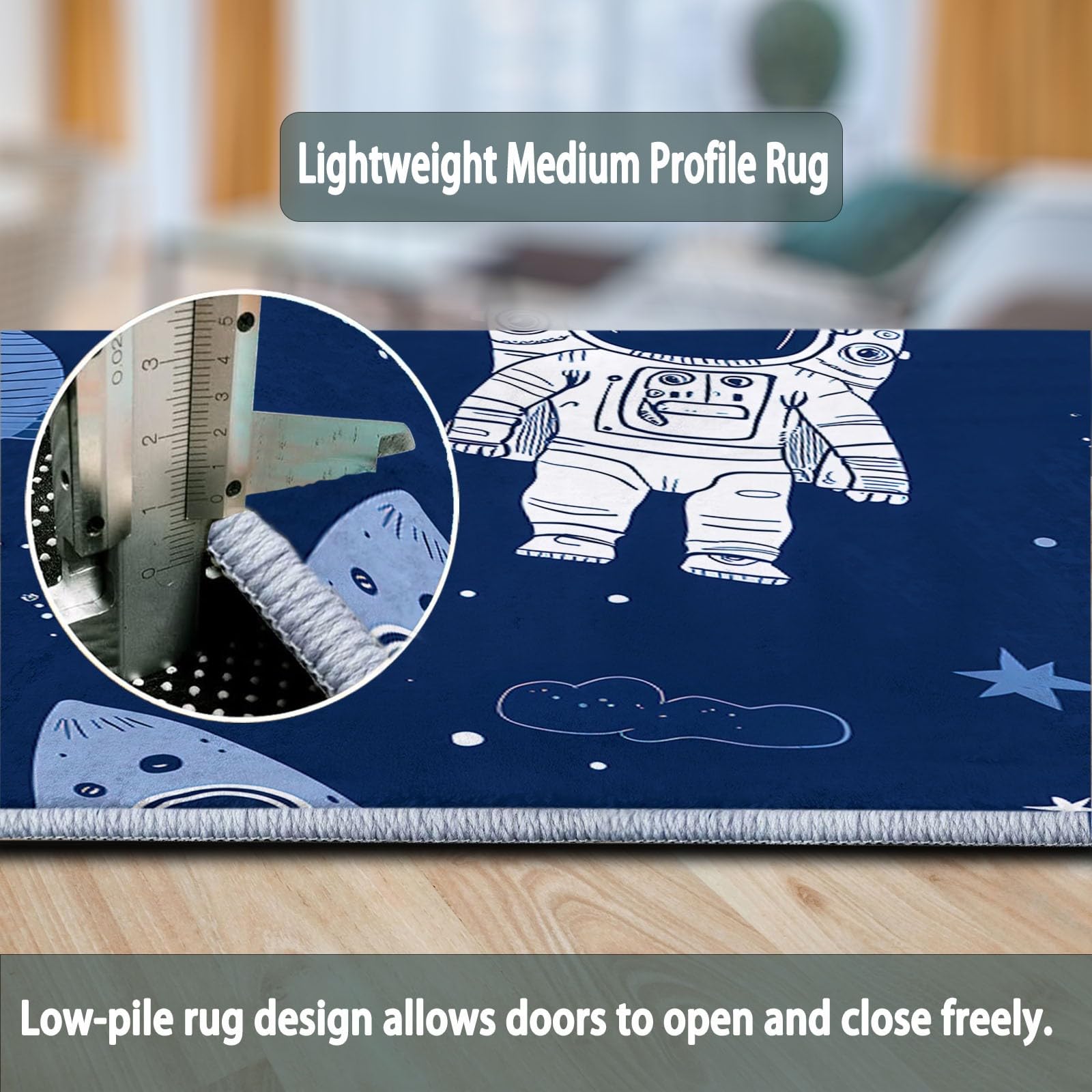 Tapis Rond Interieur 150 cm Dessin Animé Espace Fusée Astronaute, Tapis de Salon Lavable Bleu Marine - Moquette Moderne Doux Antidérapant pour Chambre à Coucher Canapé Chambre d'enfant Salle de Jeu