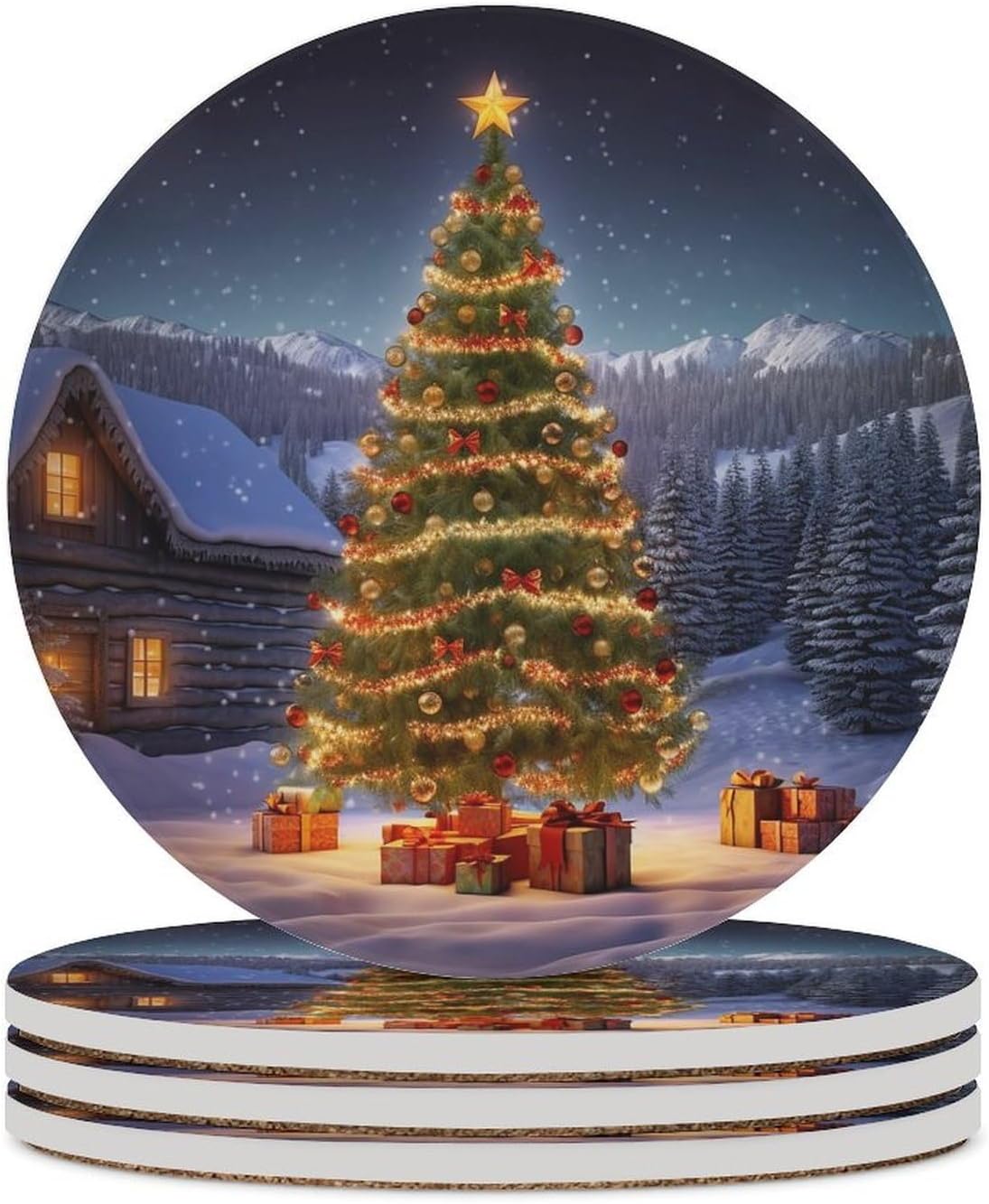 6PCS Xmas Tree Coasters Non-Slip Round Drink Coasters with Ceramic Stone and Cork Base, Heat Resistant Absorbent 33.00Stone Coaster Set for Kinds of Mugs and Cups, 4 Inch
