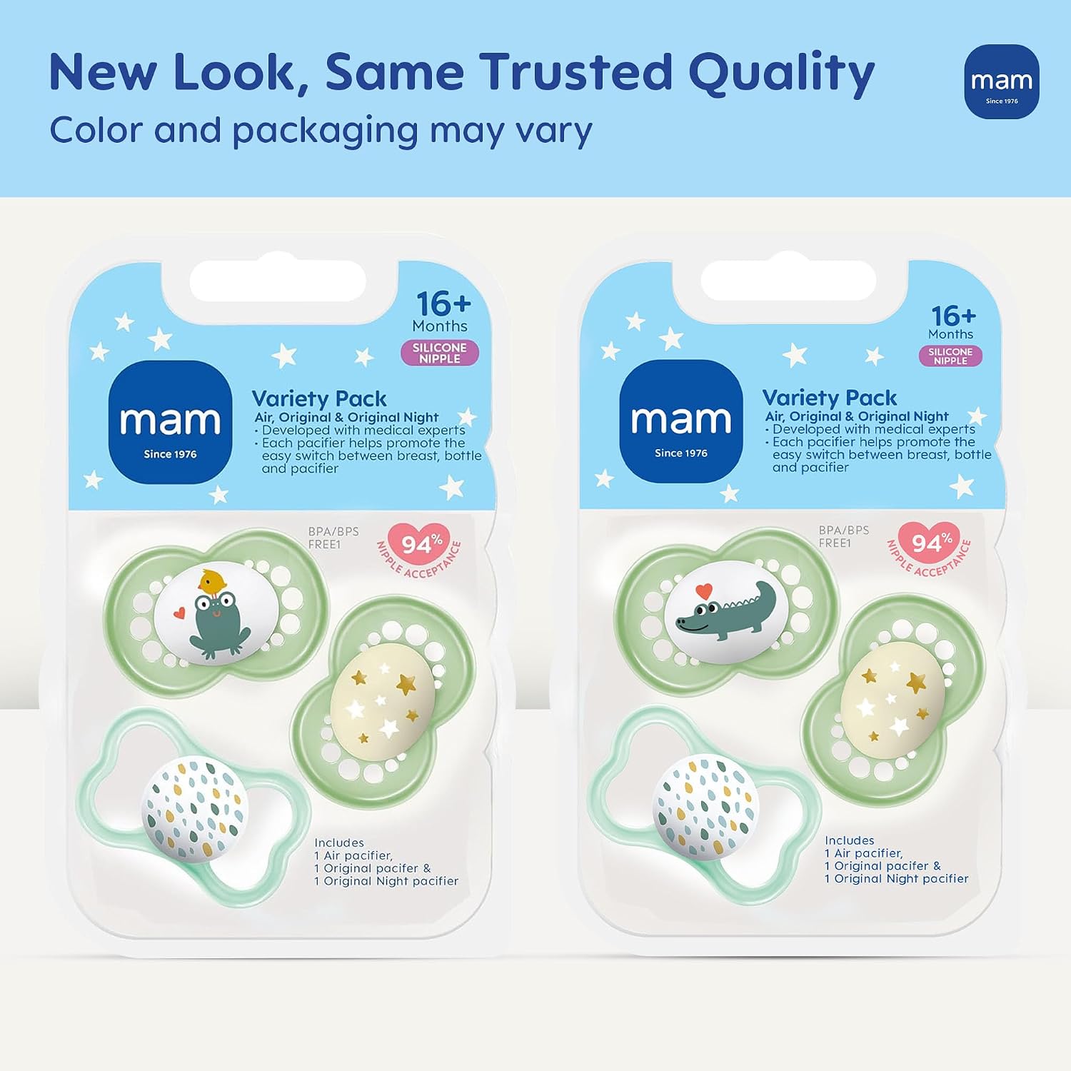 MAM Variety Pack Baby Pacifier, Includes 3 Types of Pacifiers, Nipple Shape is Developed with Dentists, 16+ Months, Unisex, 3 Count (Pack of 1)