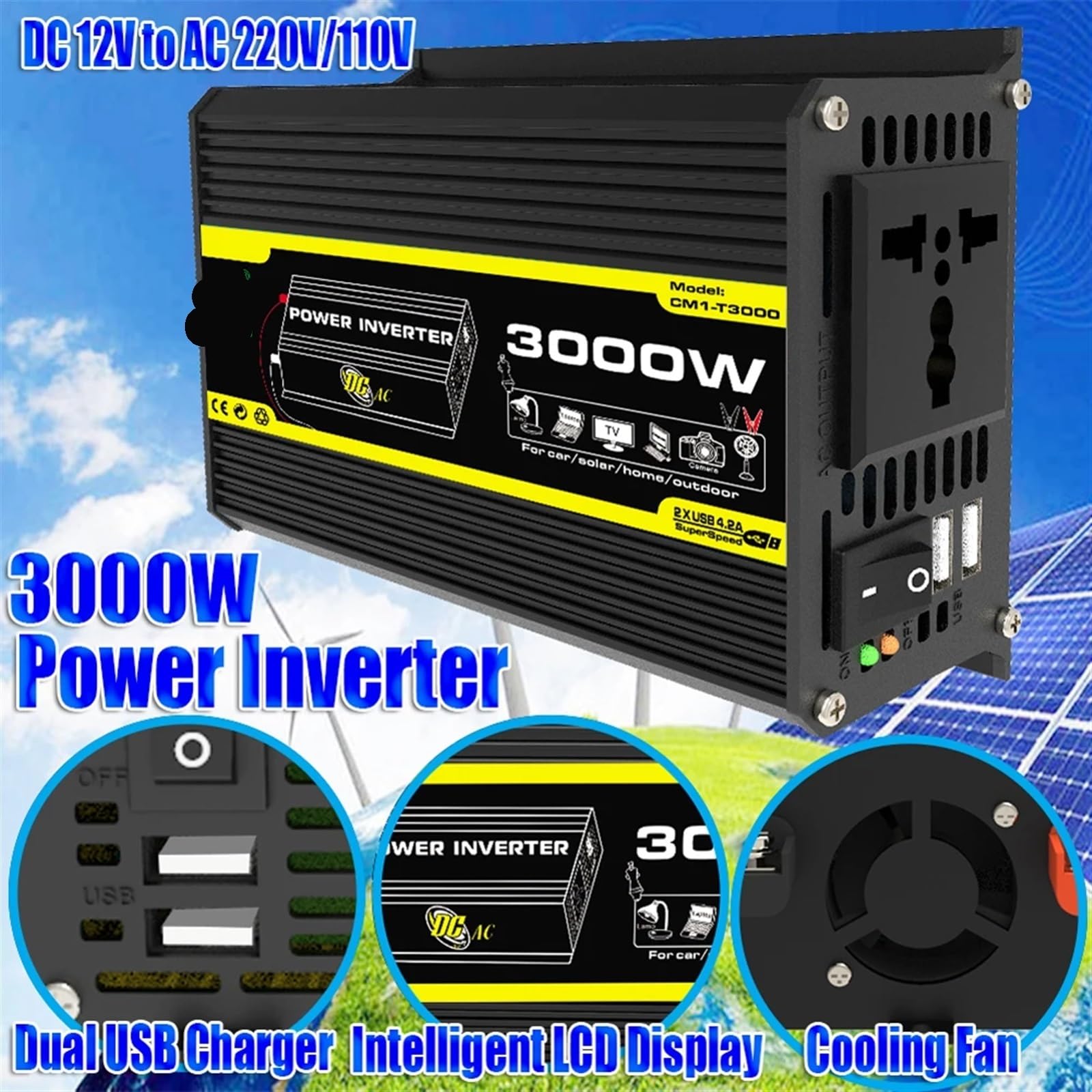 Mikroinwerter, 3000W Pojazd Inteligentny Inwerter DC 12V do AC Samochodowy Transformator Napięcia Wbudowany Bezpiecznik Cyfrowy Inwerter Mocy do Przyczepy Kamperowej(Nero)