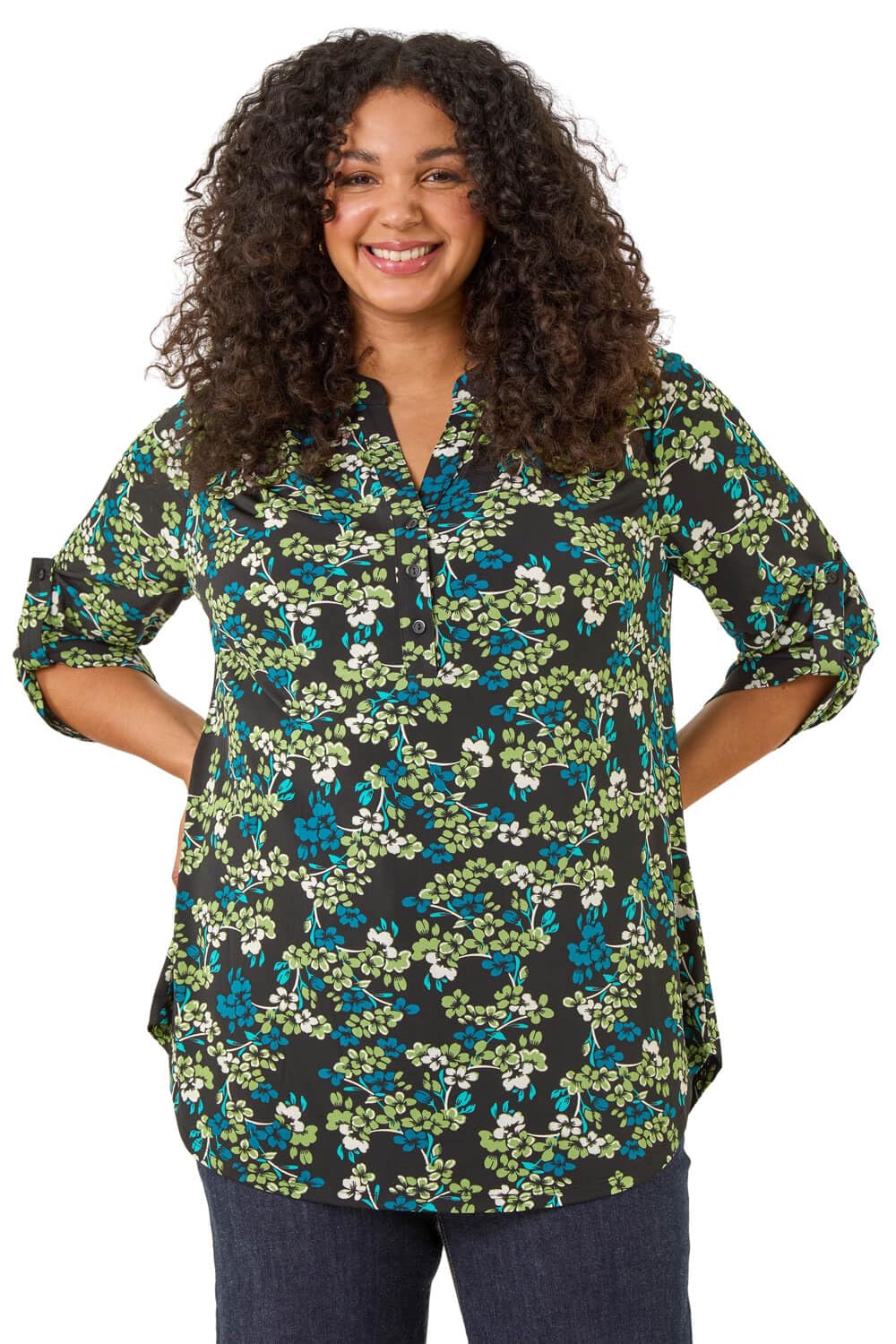Roman Originals Women's Green Noir Plus Roman Shirt For Uk Top Collarless Blouse Stretchy Tunic Smart Casual Autumn Winter Jersey 3/4 Length Sleeve Notch V Neck Flattering Office Work - Size 2224