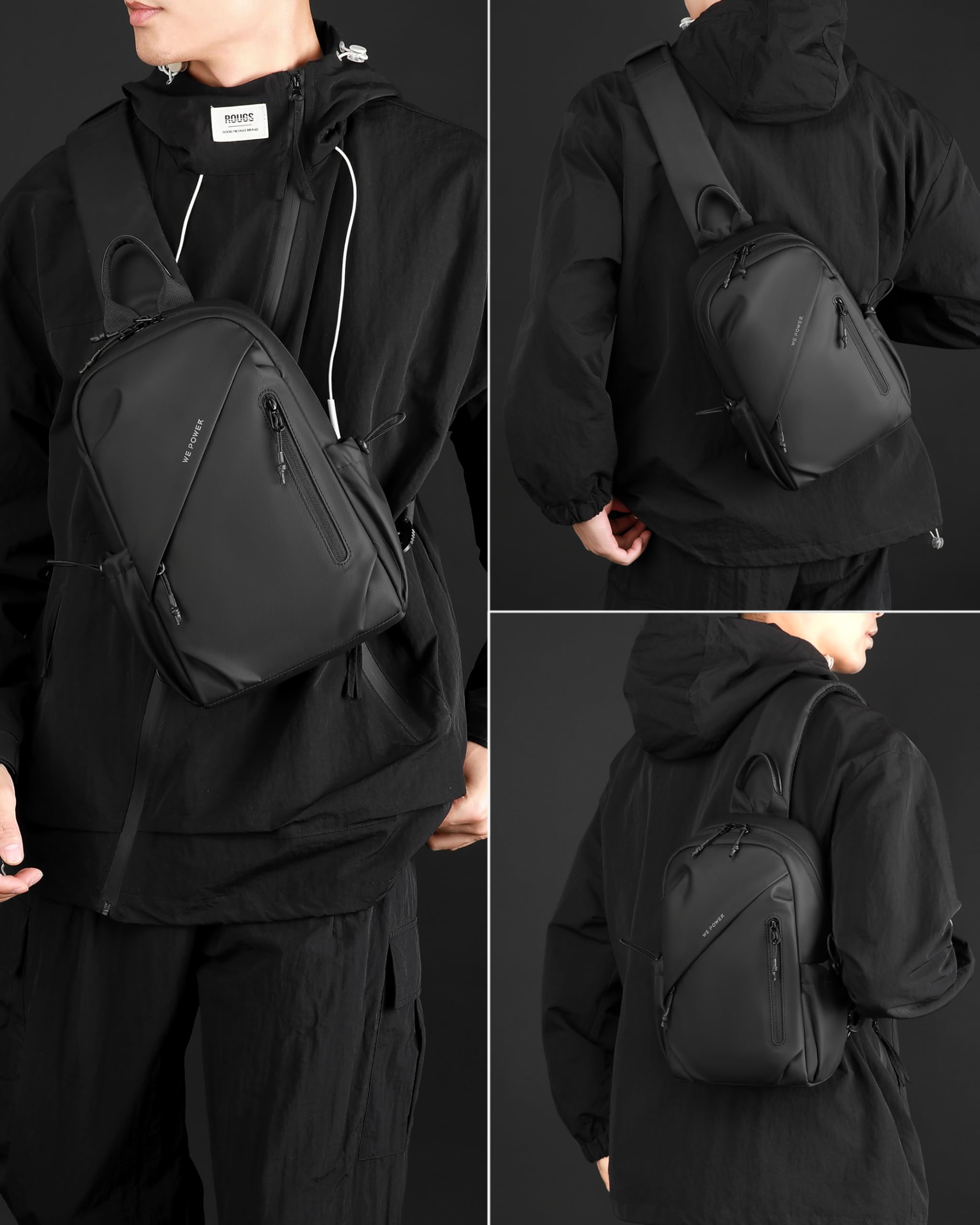 Zaino Monospalla Zainetto Borsa piccola a Tracolla Regolabile in membrana PU Borsello Porta Tablet Crossbody Bag per Uomo (Nero)