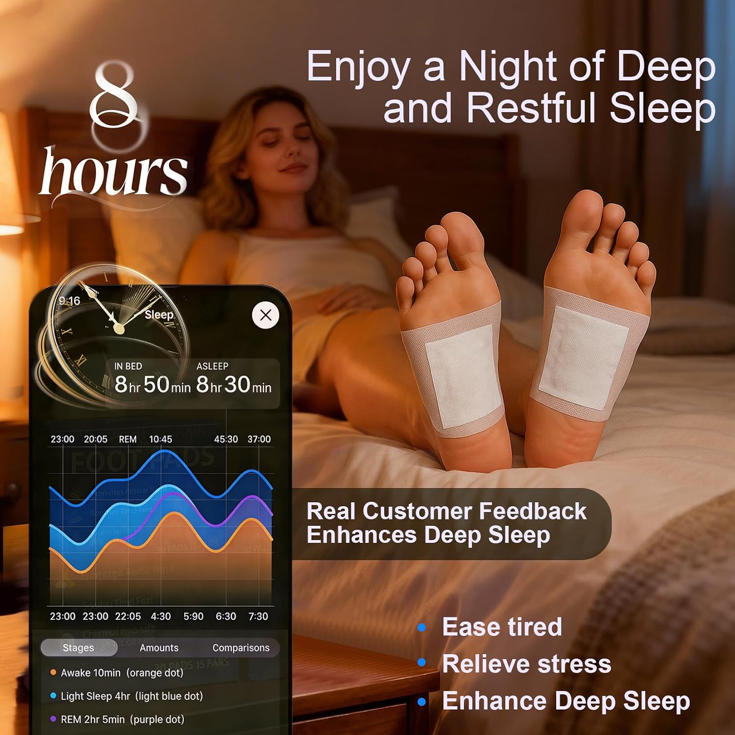 Natural Deep Cleansing Foot Pads: Gentle Cleaning Tired Feet Patches with Bamboo & Charcoal for Relieving Body Fatigue and Restful Sleep Overnight - 30 Pads