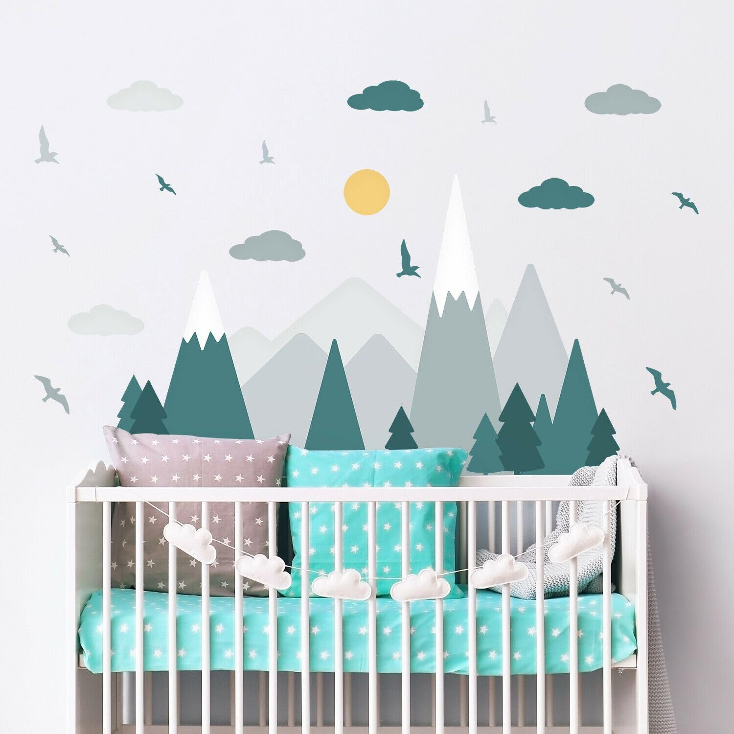 Walplus Colourful Mountain Landscape,Dark Green Scandinavian Style,Children Wall Sticker Colourful Mountain Landscape Wall Stickers For Kids Rooms - Nursery Decor, Playroom Art, Bedroom Decals, Removable & Easy To Apply