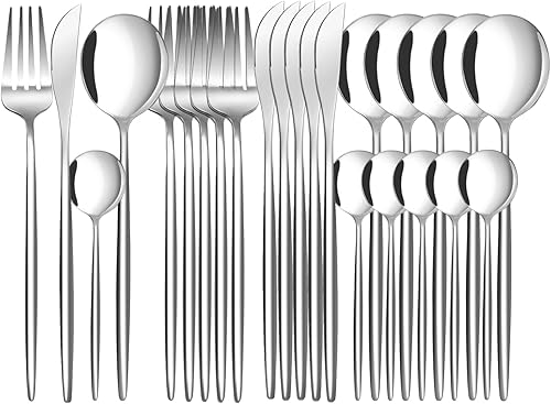Juego de cubiertos de 24 piezas, cuchara de tenedor de cuchillo de acero inoxidable, juego de vajilla para el hogar plateado