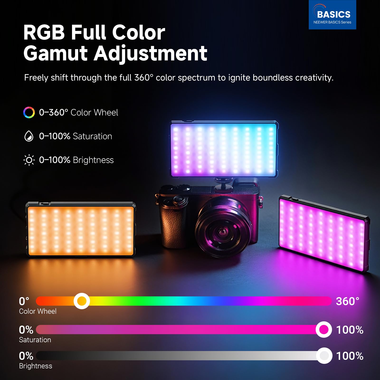 NEEWER Basics Luz Video RGB Foco Cámara, 9W 2700K-7500K Portátil Colores RGB Completos, 17 Escenas CRI97 4000mAh Recargable Panel LED Metal para Cámaras DSLR Trípode Grabación Video Streaming, SL90C