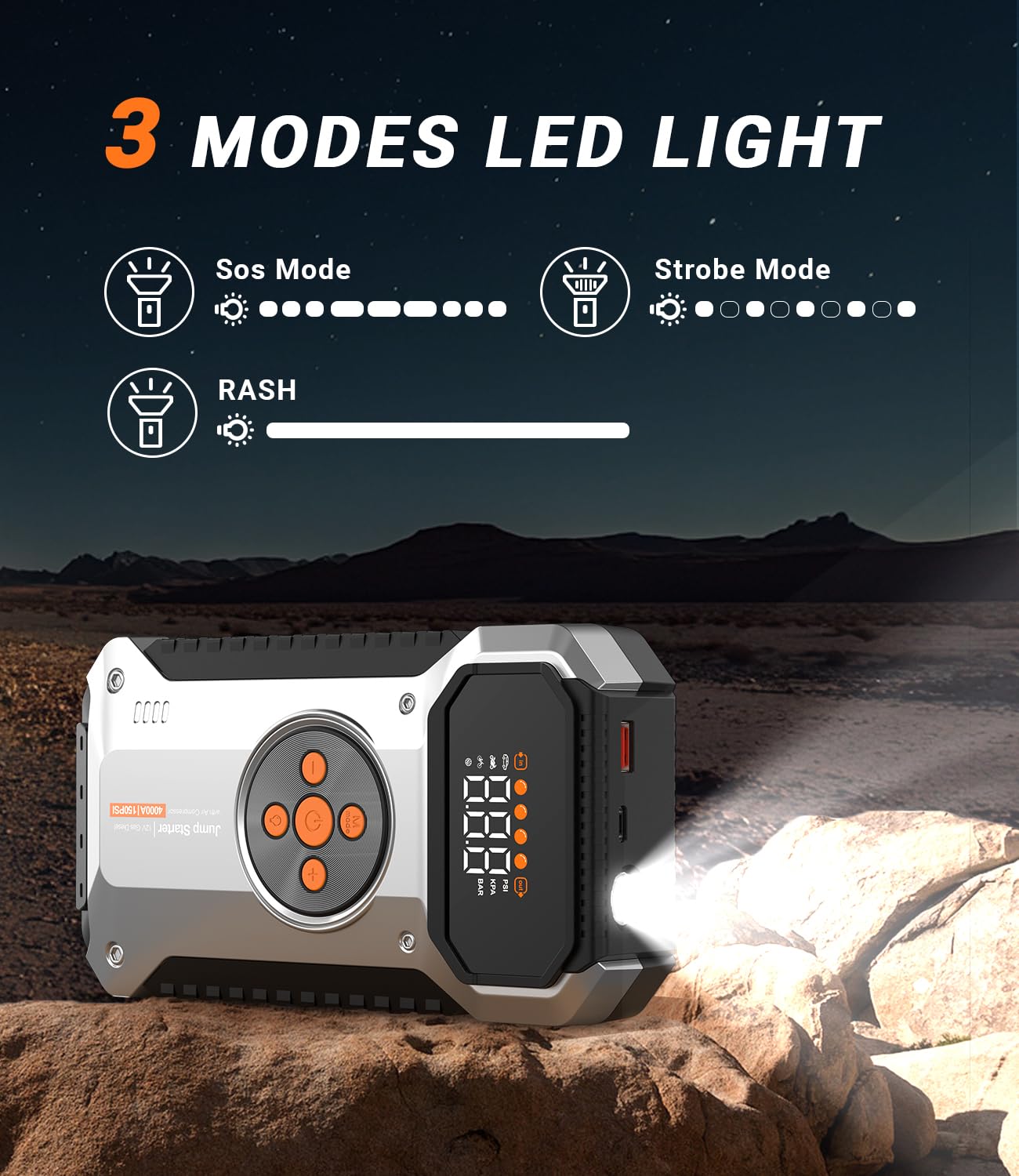 Arrancador de coche con compresor de aire, arrancador portátil de 4000 A 12 V (todo el gas/9L diesel), caja de batería de automóvil con inflador de neumáticos de 150 PSI, linterna de 3 modos