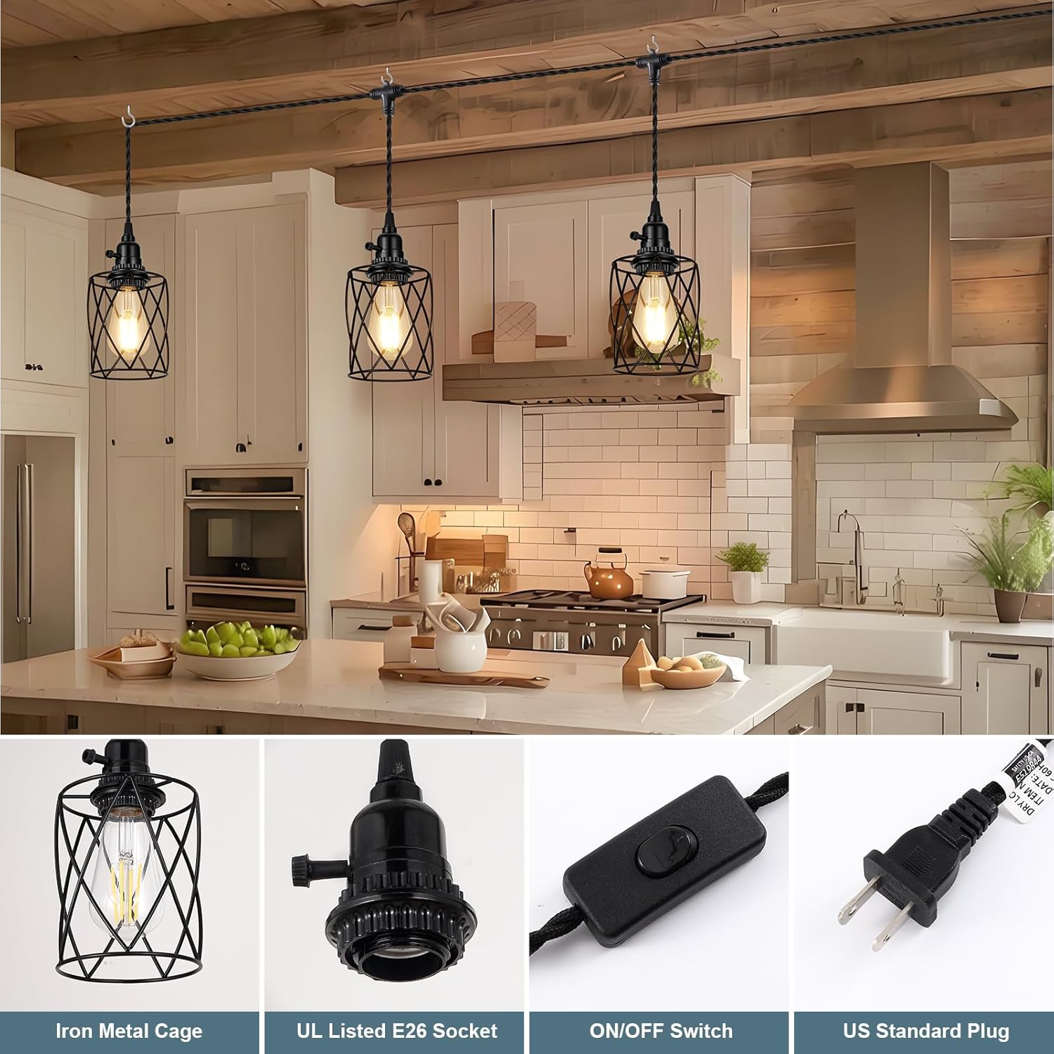 3-Light Plug in Pendant Light, 19FT Hanging Lights with Plug in Cord and On/Off Switch, Industrial Twisted Black Rope Hanging Pendant Fixtures with Metal Shade for Dining Room Kitchen Bedroom