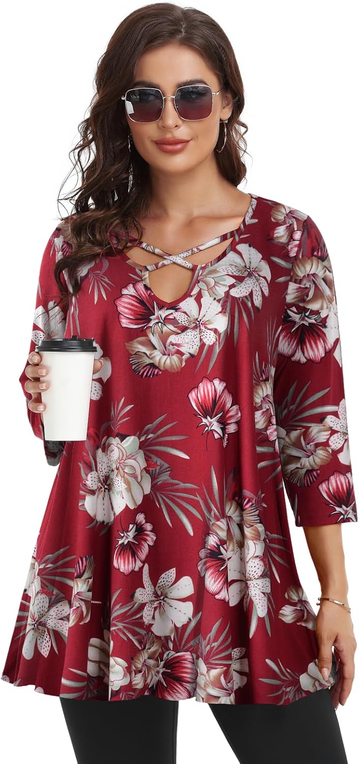 LARACE Plus Size Tops for Women V Neck 3/4 Sleeve Tunic Criss Cross Dress Shirts Casual Fall Blouse for Leggings - Image 2