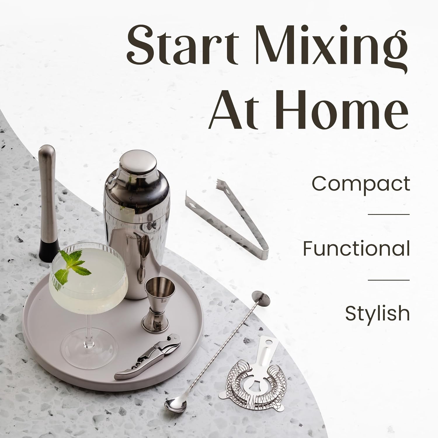 Mixology & Craft Cocktail Shaker Set with Bamboo Stand - Professional 18oz 10-Piece Bartender Kit, Complete Bar Set for Home Use with Jigger, Muddler, Strainer, Spoon, Pourers & Corkscrew (Silver)