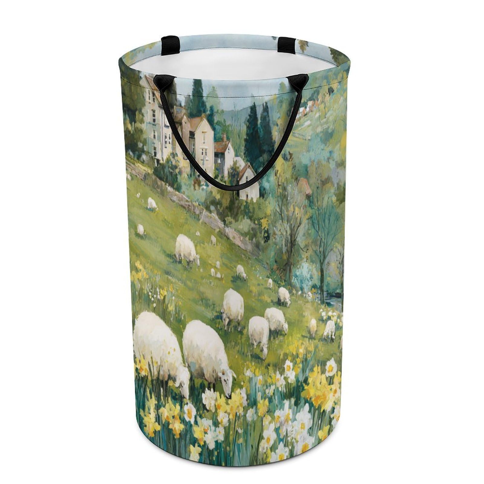 LUYYSKY Colorful Classic Animals Sheep Versatile Storage Laundry Basket, Beautiful Rustic Spring Farmhouse Daisies Floral Alpaca Large Capacity Bathroom Hamper With Handle