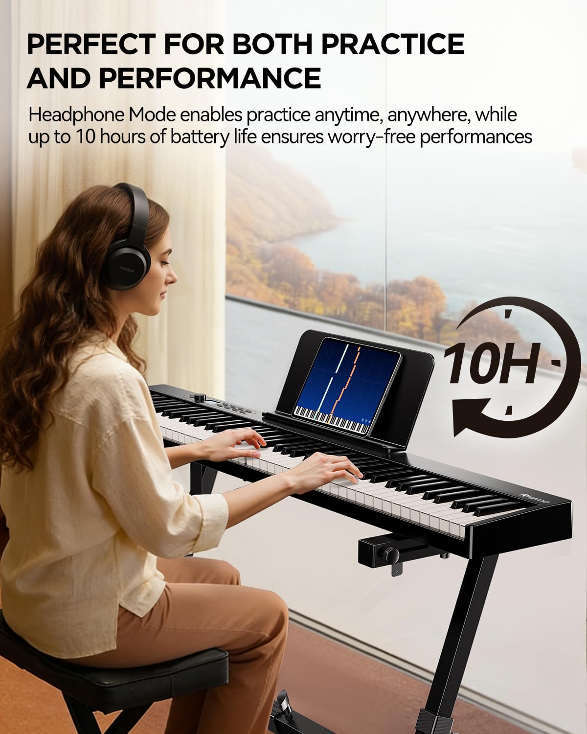Rhymo Tastiera per pianoforte portatile, 88 tasti, semi-ponderata, pieghevole, pianoforte digitale da viaggio con display LCD, pedale di sostegno e auricolari per adulti principianti