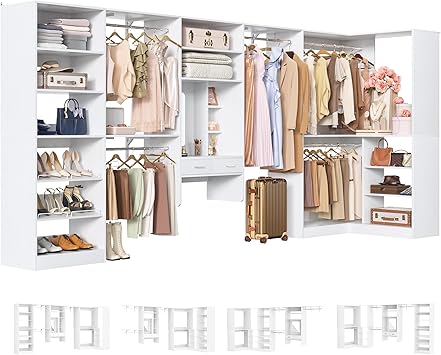 Unikito Closet System with Vanity Desk, 156Modular Corner Closet Organizer System with Hanging Rods & Adjustable Shelves, Freestanding Wood Wardrobe Organizer, Sturdy Walk in Closet Tower, White